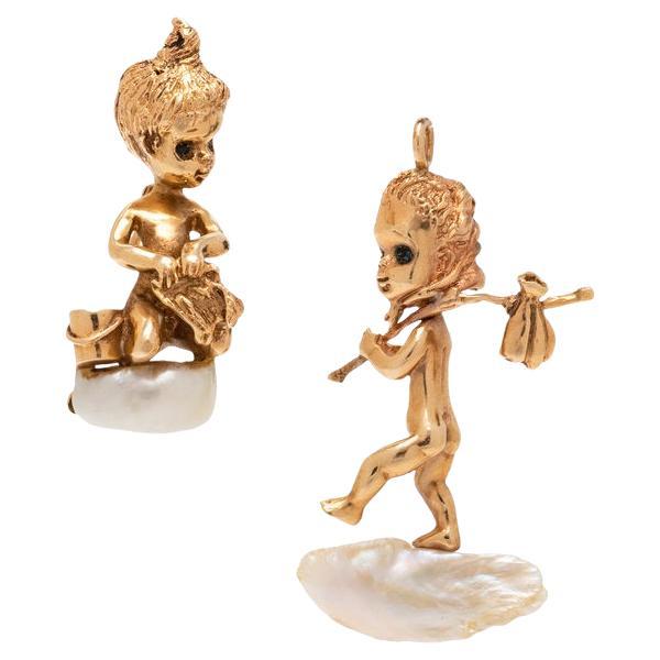 Ruser Sapphire and Pearl Cherub 14K Yellow Gold Brooch and Pendant Set