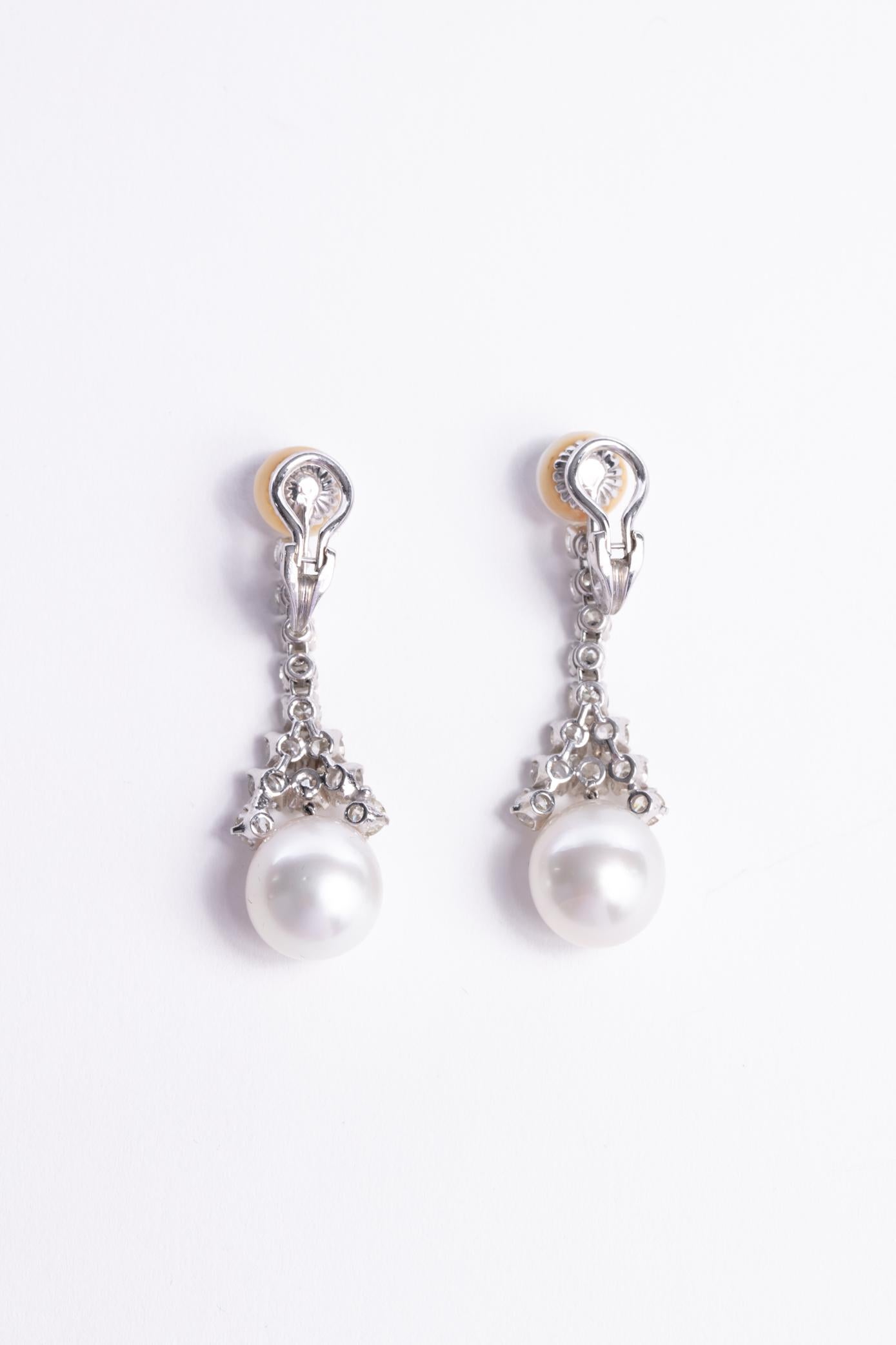 Round Cut Ruser Signed Pearl and Diamond Earrings For Sale