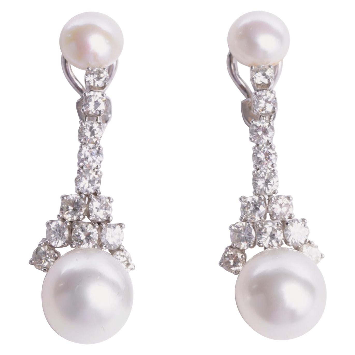 Ruser Signed Pearl and Diamond Earrings For Sale
