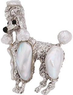 Ruser Vintage 18k White Gold Poodle Brooch Featuring Freshwater Pearl & Onyx
