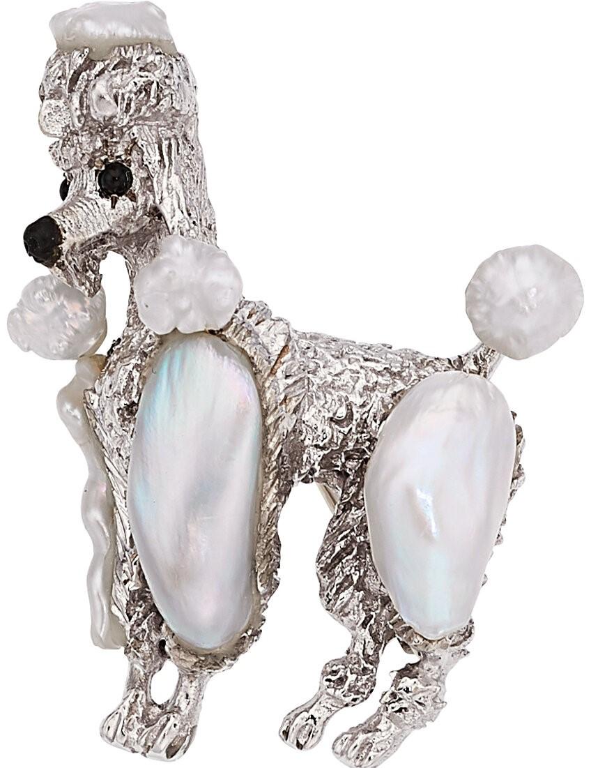 Cabochon Ruser Vintage 18k White Gold Poodle Brooch Featuring Freshwater Pearl & Onyx For Sale