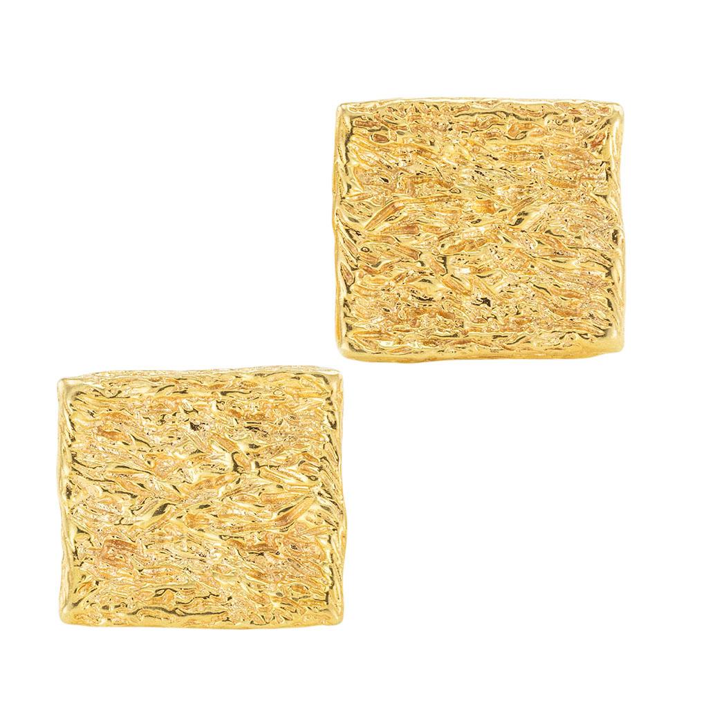 Ruser textured yellow gold cufflinks circa 1960. 

ABOUT THIS ITEM:  #C-DJ126K. Scroll down for specifications.  The square faces feature a deep, abstract pattern that shines all on its own with the high polished textured gold.  Very handsome and