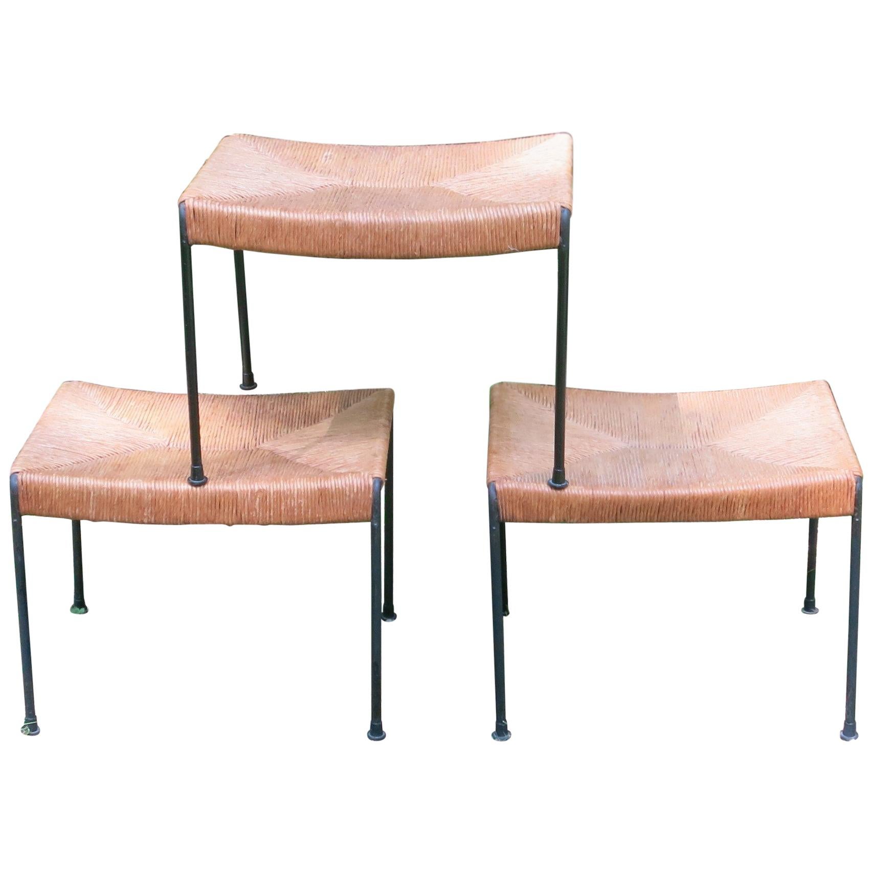 Rush and Iron Seat Stools Arthur Umanoff, 1950s For Sale