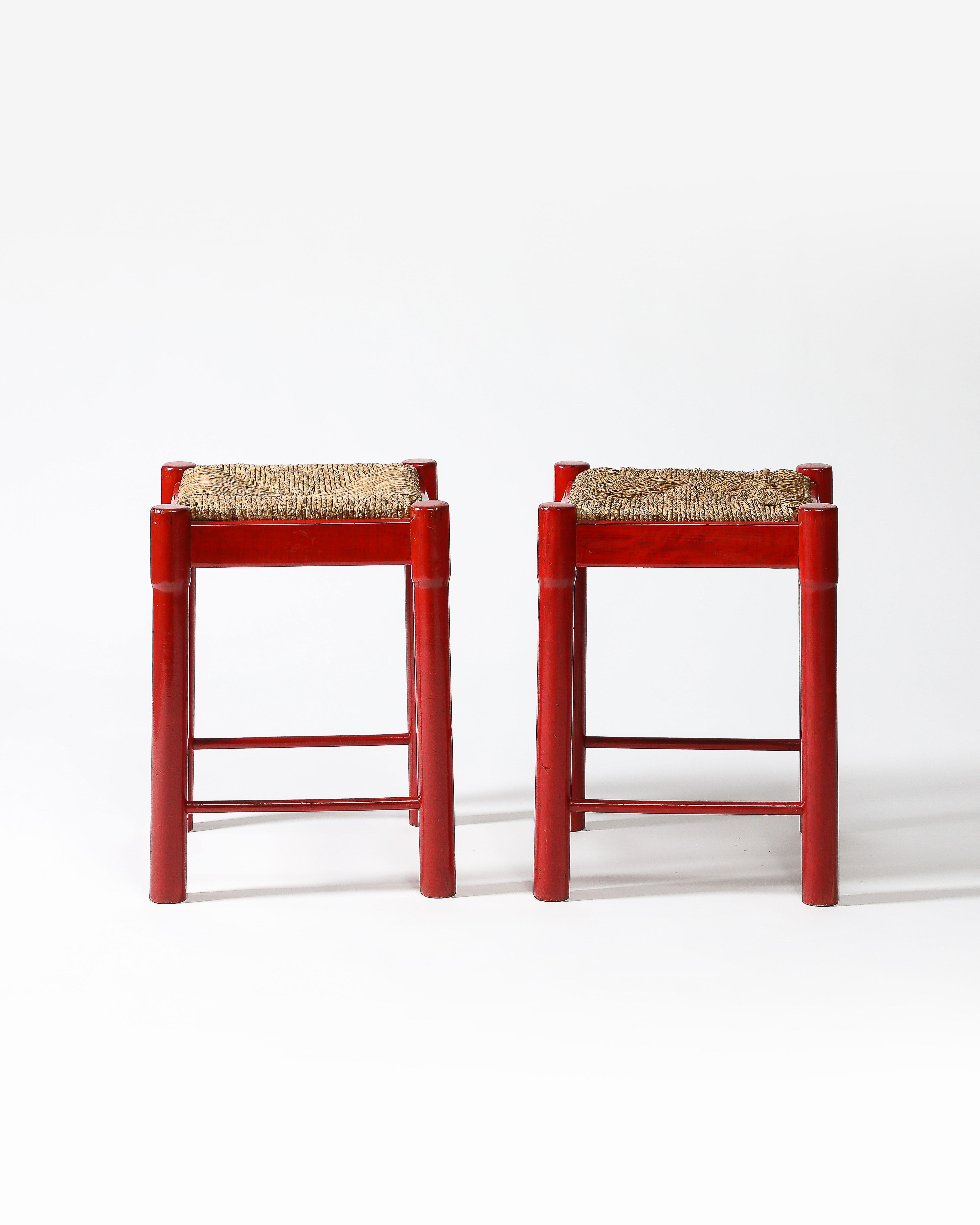 Italian Rush and Lacquered Wood Stool, Italy, c. 1950 For Sale