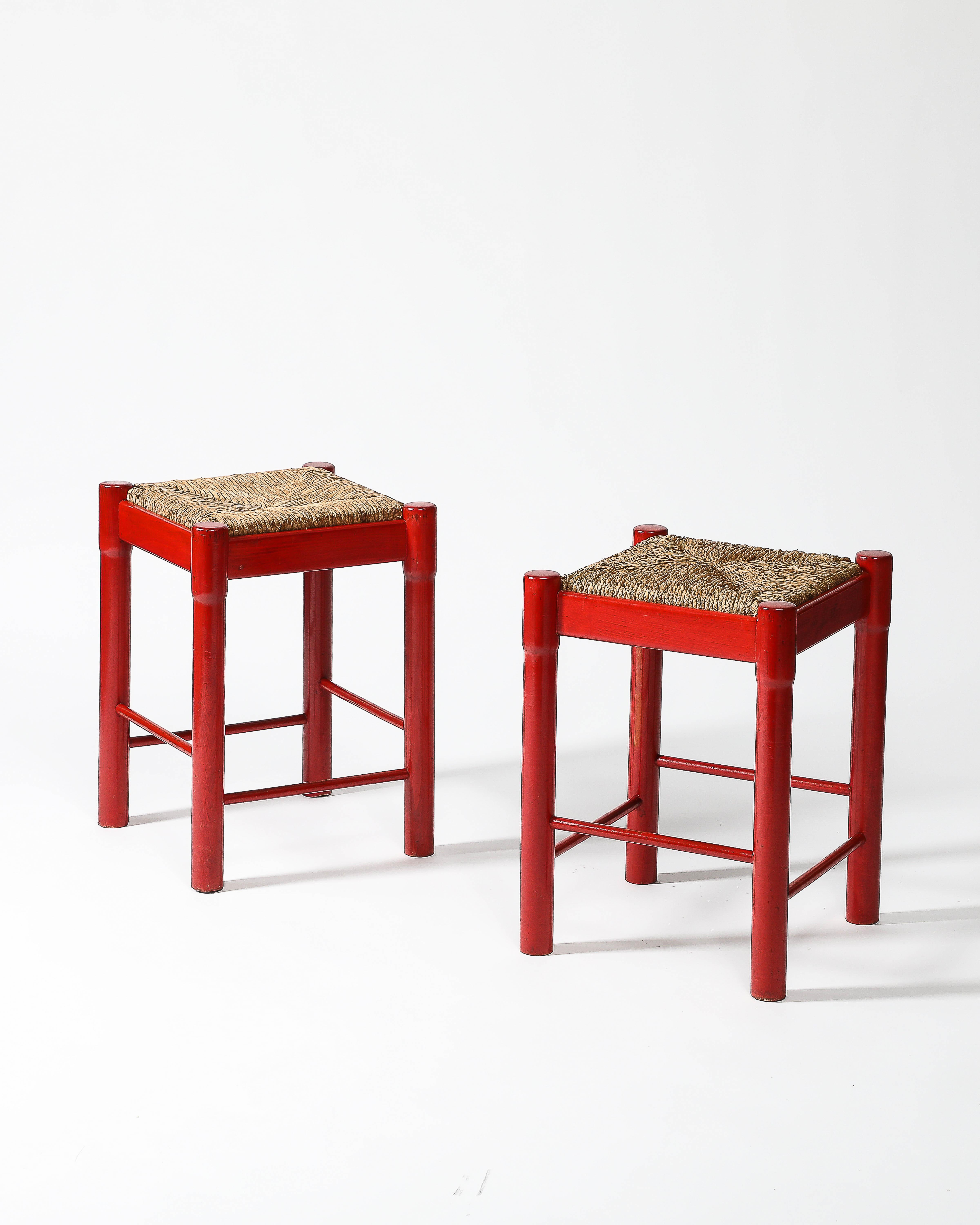 Mid-20th Century Rush and Lacquered Wood Stool, Italy, c. 1950 For Sale