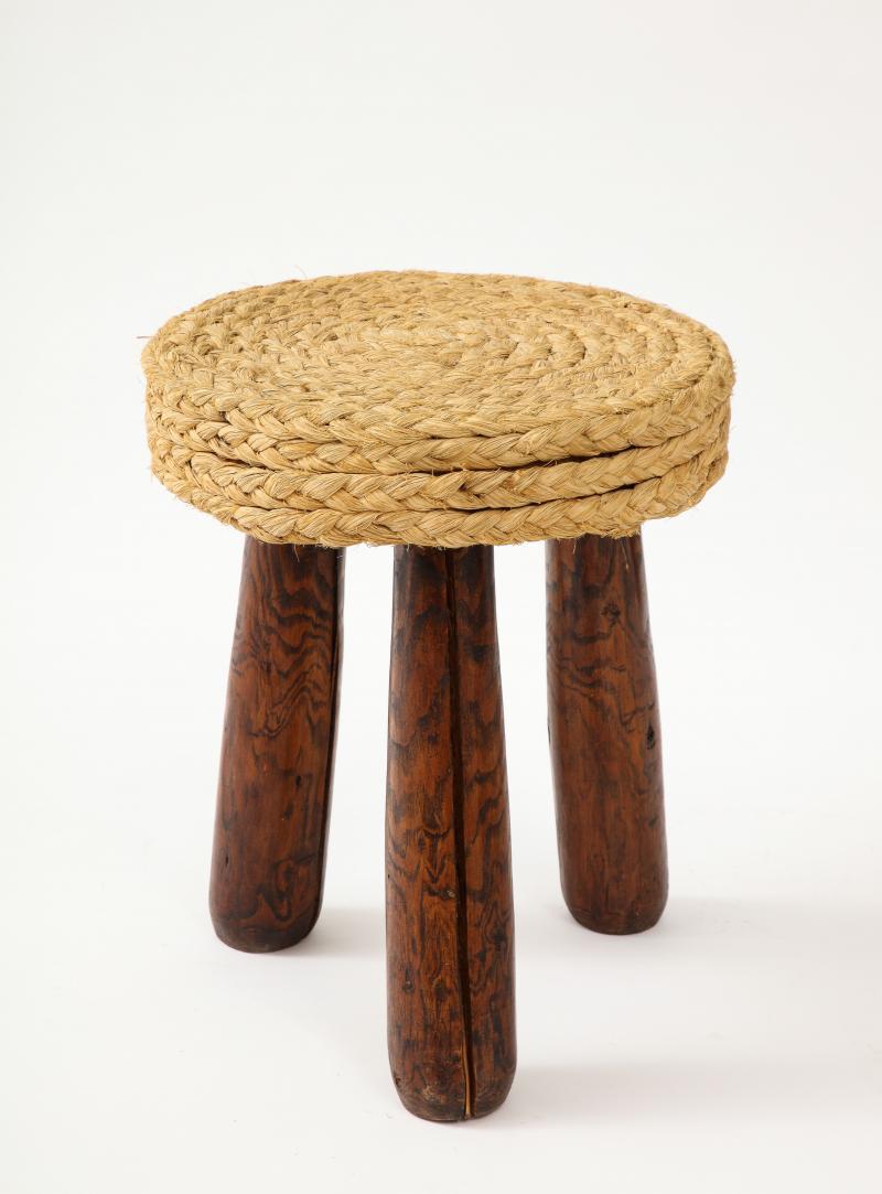 Modern Rush and Pine Stool by Adrian Audoux and Frida Minet, c. 1960 For Sale