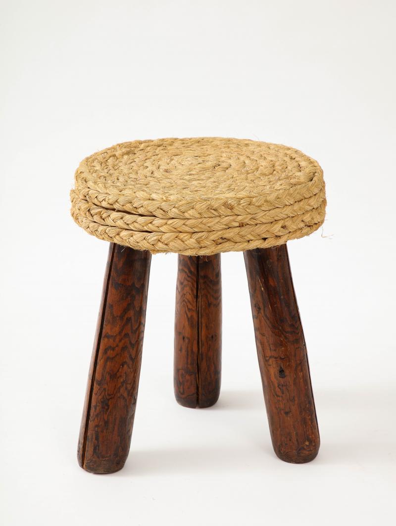 French Rush and Pine Stool by Adrian Audoux and Frida Minet, c. 1960 For Sale