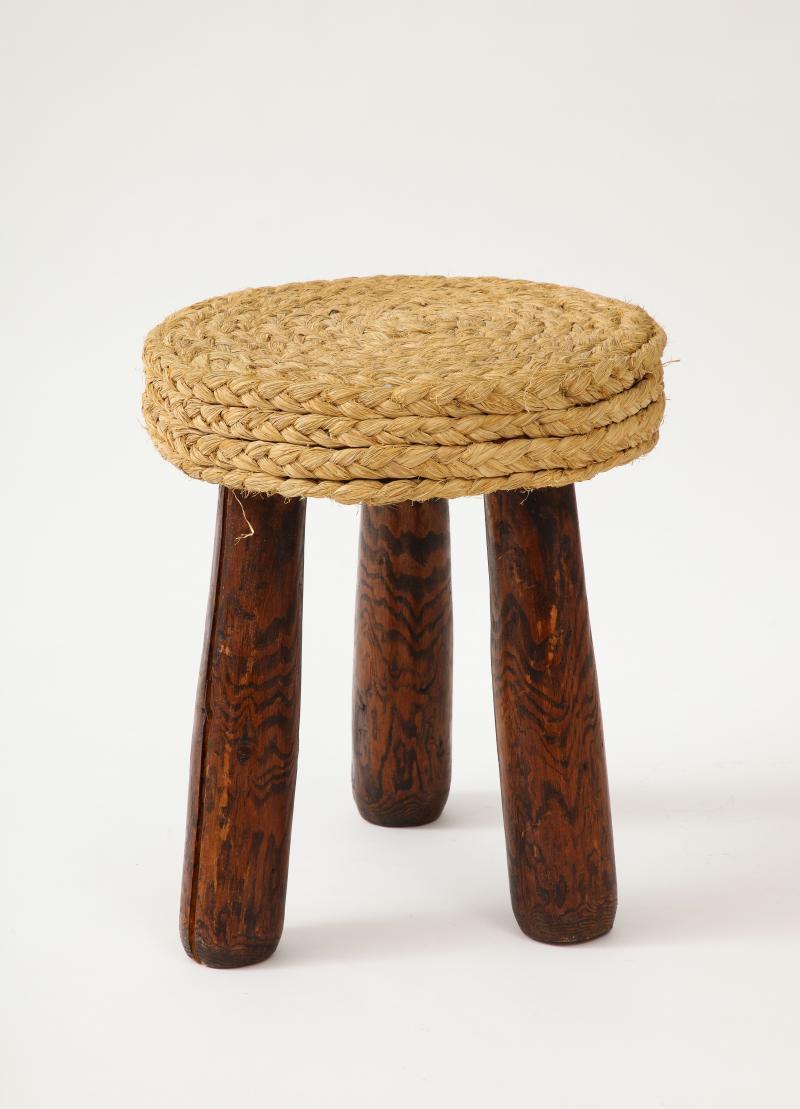 Hand-Woven Rush and Pine Stool by Adrian Audoux and Frida Minet, c. 1960 For Sale