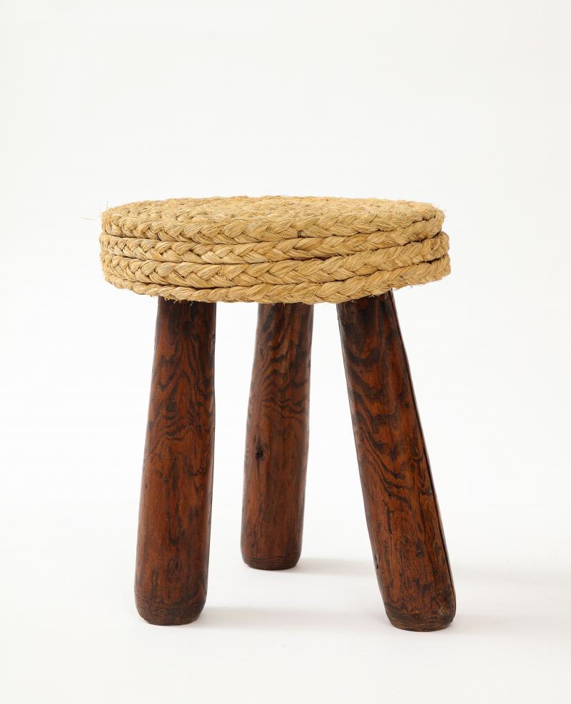 Rush and Pine Stool by Adrian Audoux and Frida Minet, c. 1960 In Excellent Condition For Sale In New York City, NY