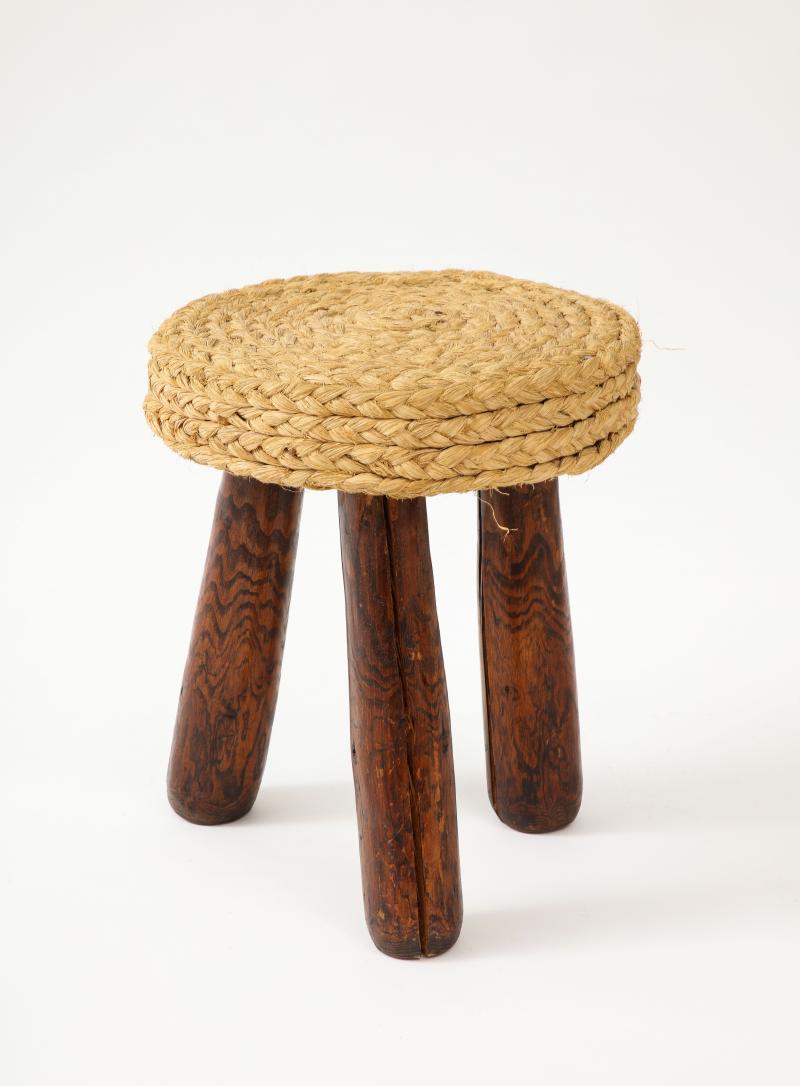 20th Century Rush and Pine Stool by Adrian Audoux and Frida Minet, c. 1960 For Sale