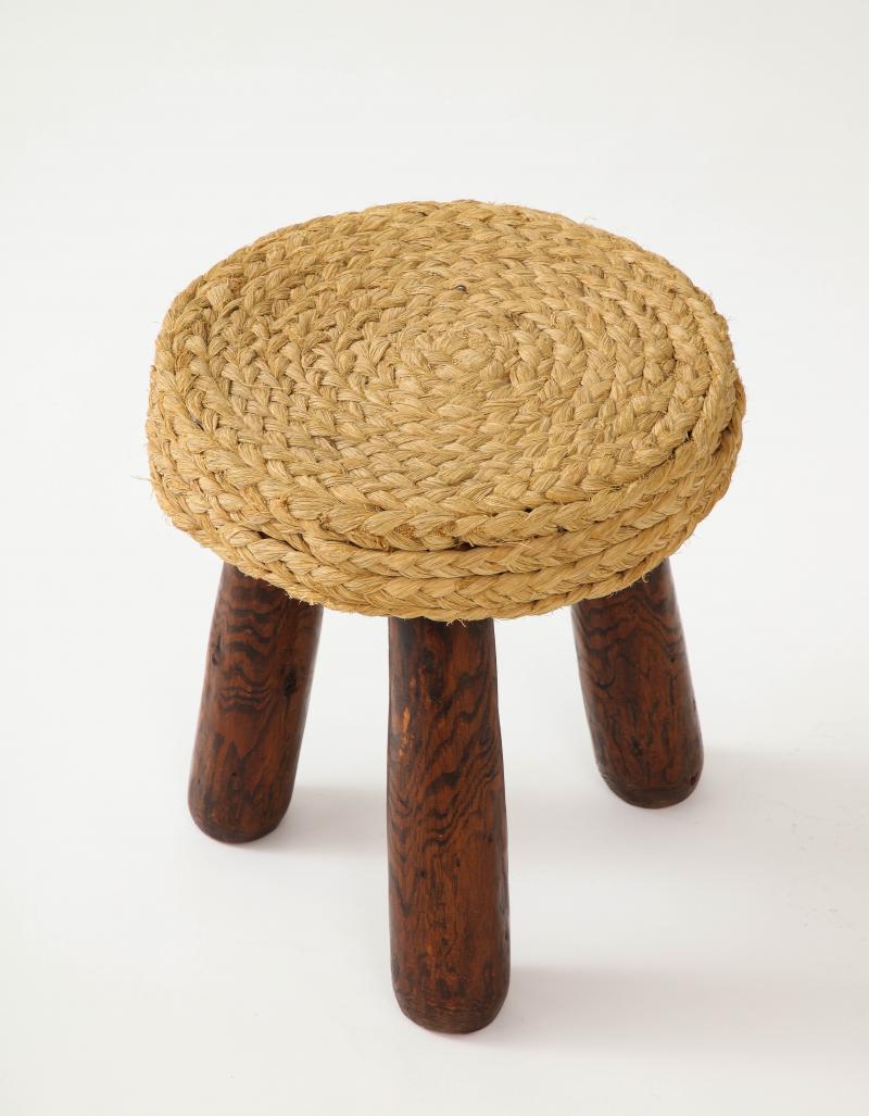 Oak Rush and Pine Stool by Adrian Audoux and Frida Minet, c. 1960 For Sale
