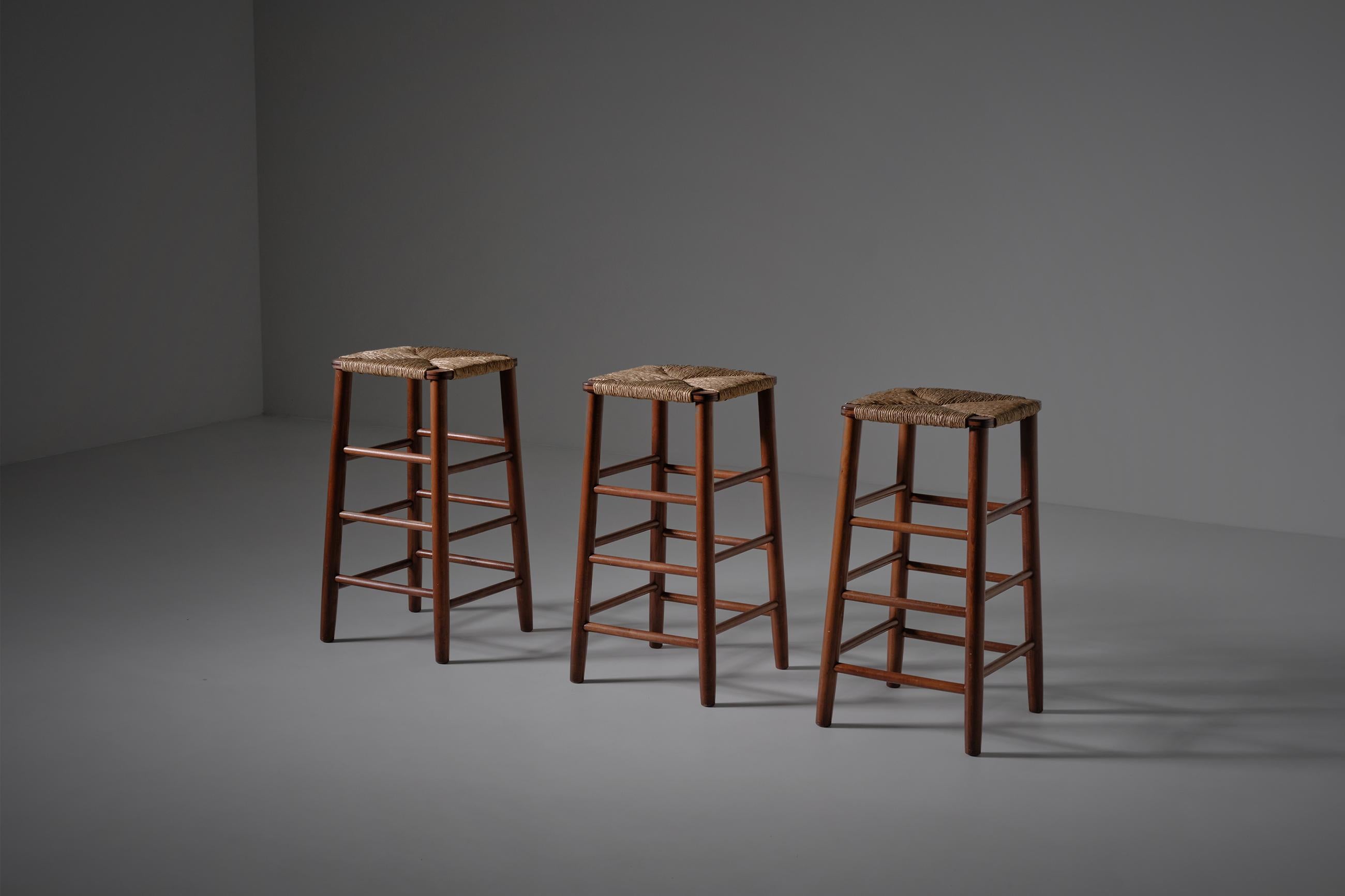 Rush and Wood Bar Stools, 1970s In Good Condition In Rotterdam, NL