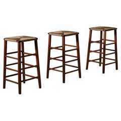 Rush and Wood Bar Stools, 1970s