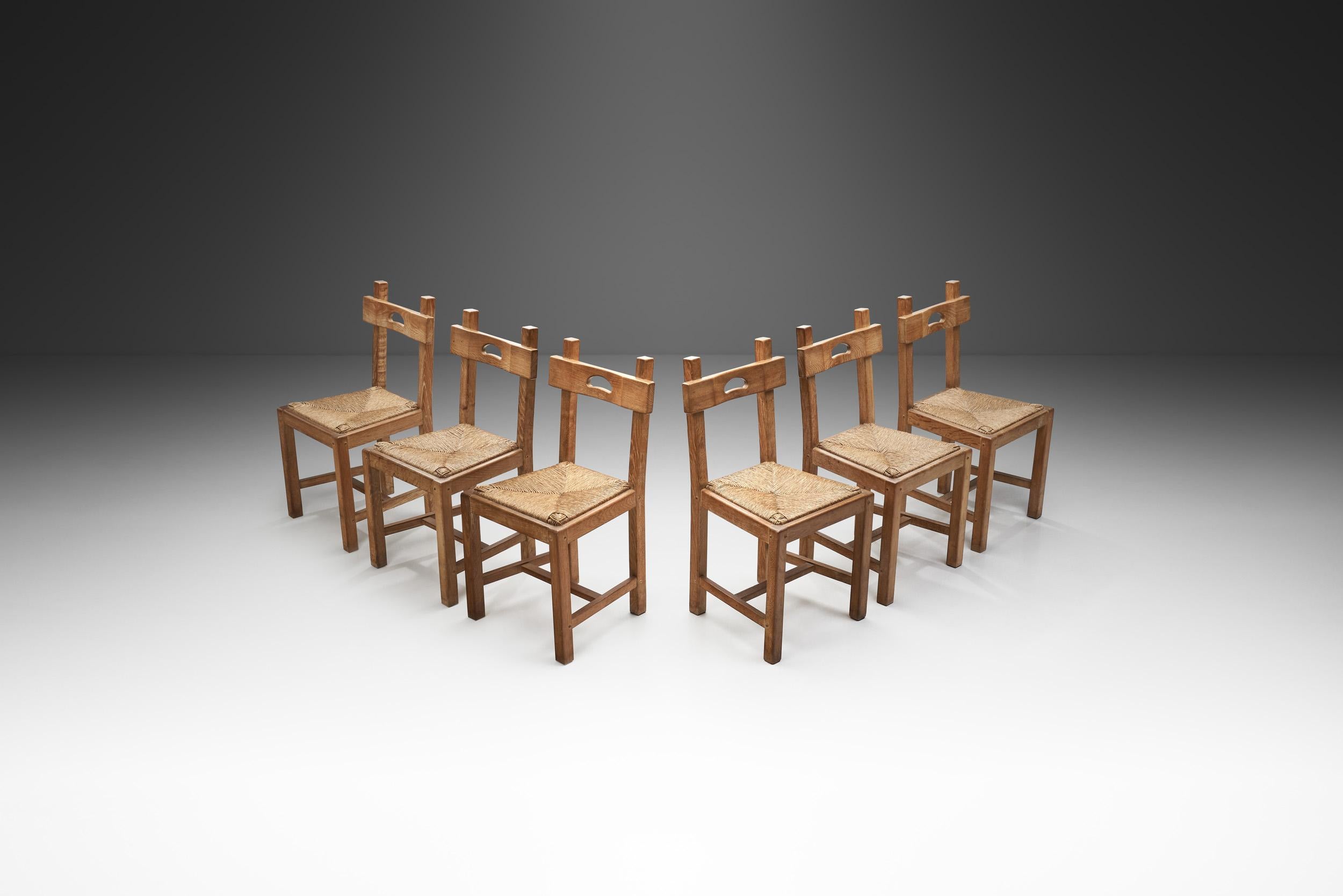 Mid-Century Modern Rush and Wood Rustic Dining Chair Set, Europe, ca 1950s For Sale