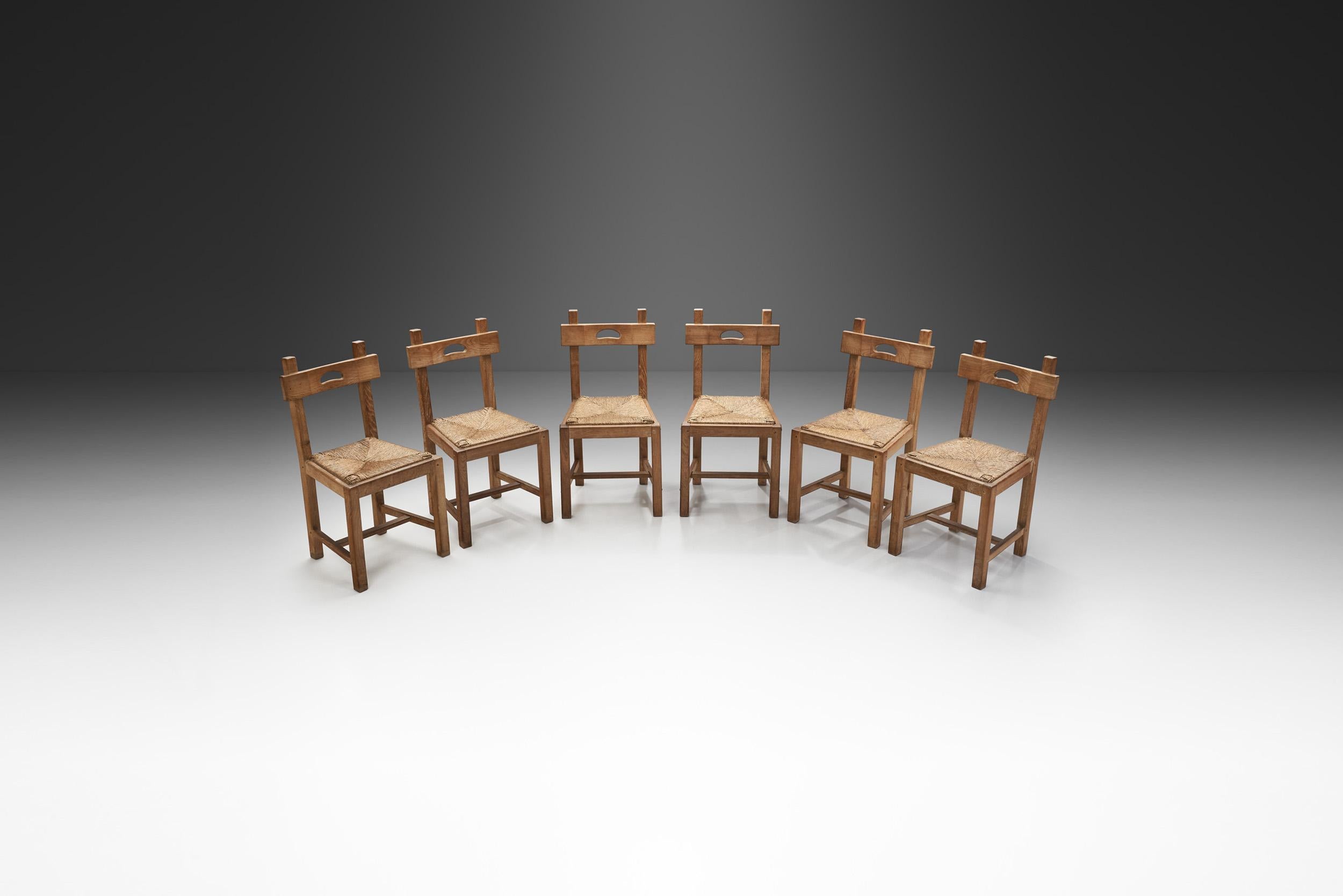European Rush and Wood Rustic Dining Chair Set, Europe, ca 1950s For Sale