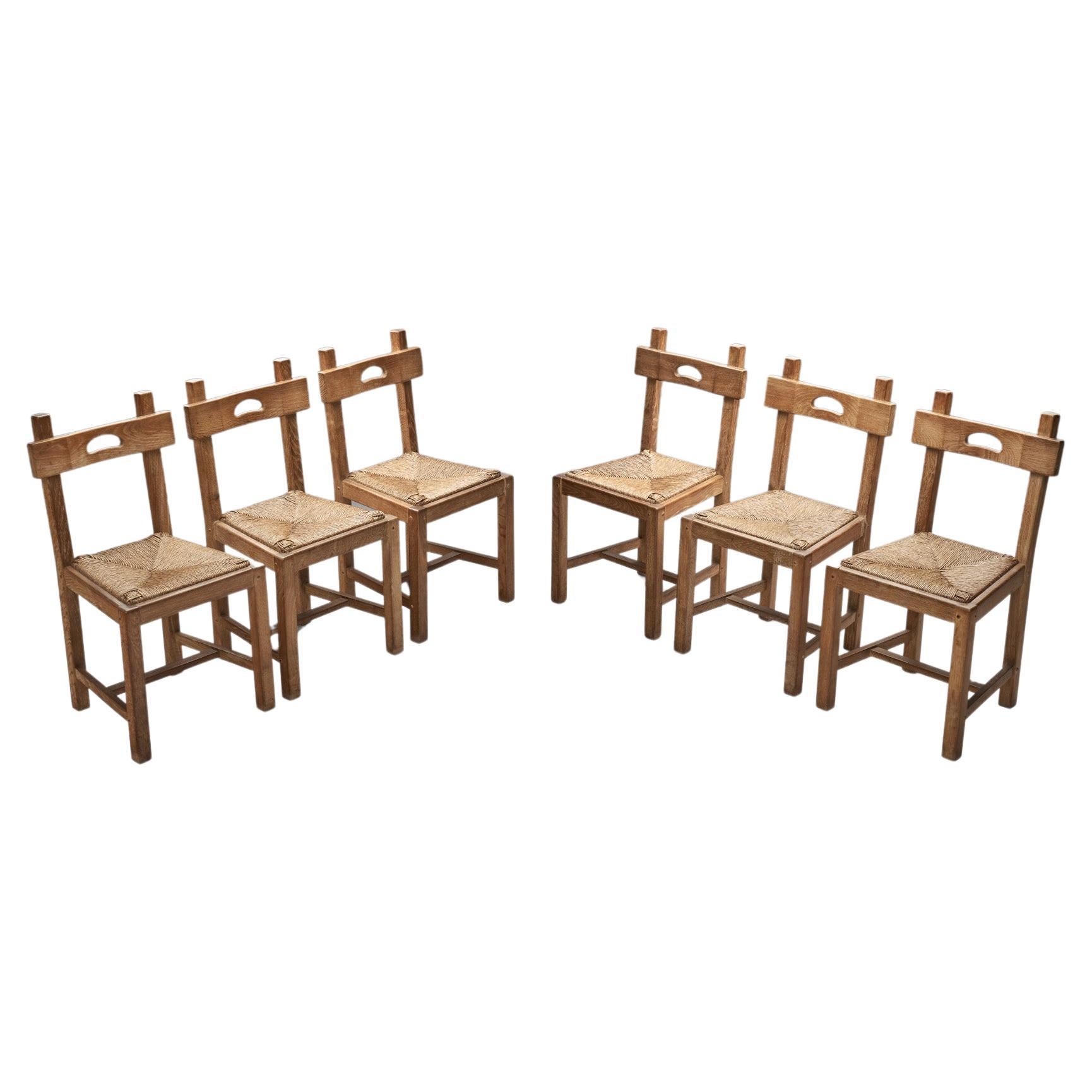 Rush and Wood Rustic Dining Chair Set, Europe, ca 1950s For Sale