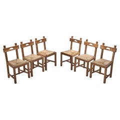 Rush and Wood Rustic Dining Chair Set, Europe, ca 1950s