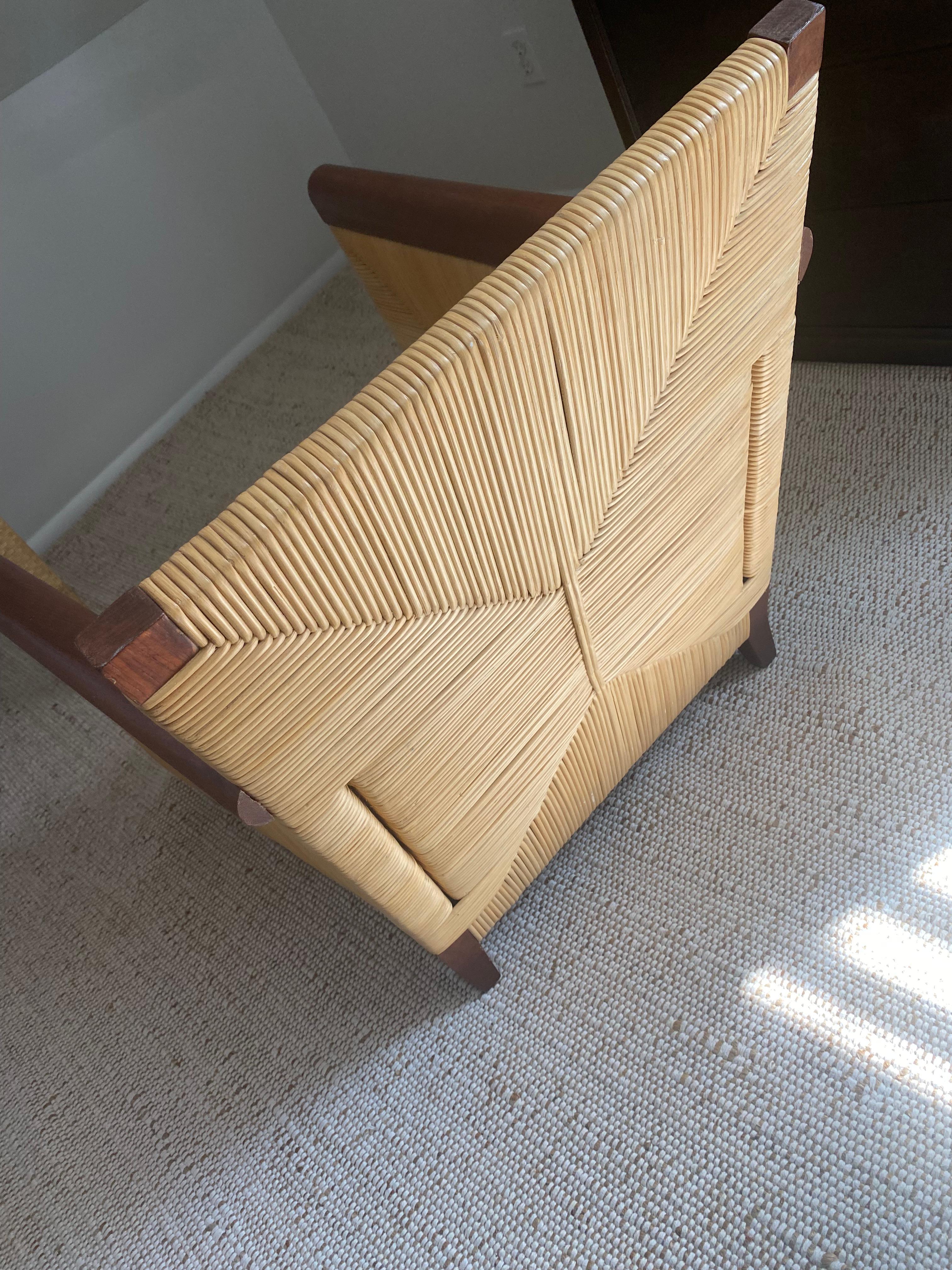 Rush cane armchair designed John Hutton for Donghia 1980s mahogany accents In Good Condition For Sale In Bridgehampton, NY