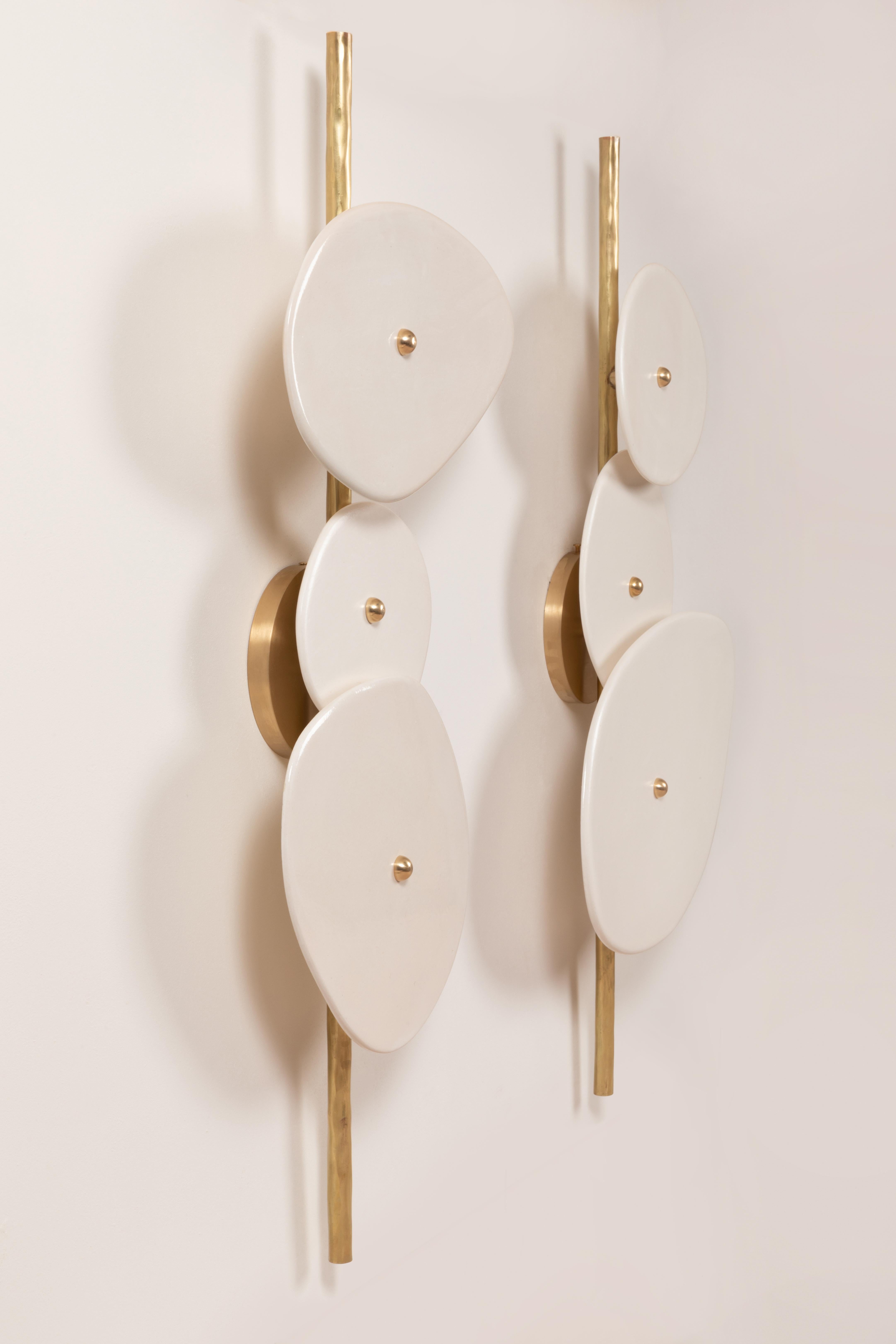 French Rush Fee for Client Breeann, Set of 2 Brass Rod Ceramic Wall Lamps, Elsa Foulon