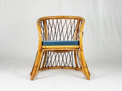 Poltrona italiana in giunco, rattan e velluto blu medio, anni '60