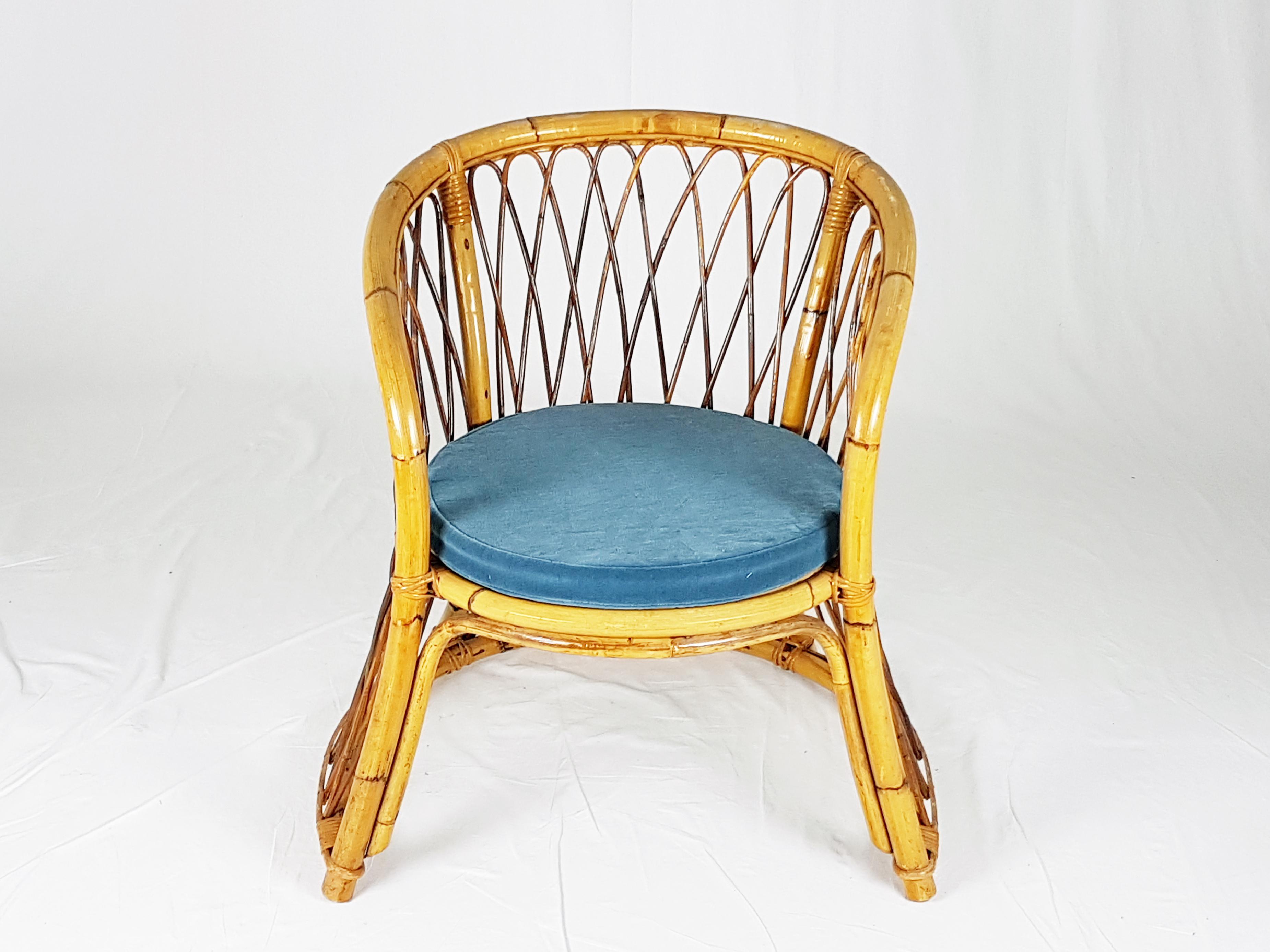 Space Age Italian Rush, Rattan and Mid Blue Velvet, 1960s Armchair For Sale