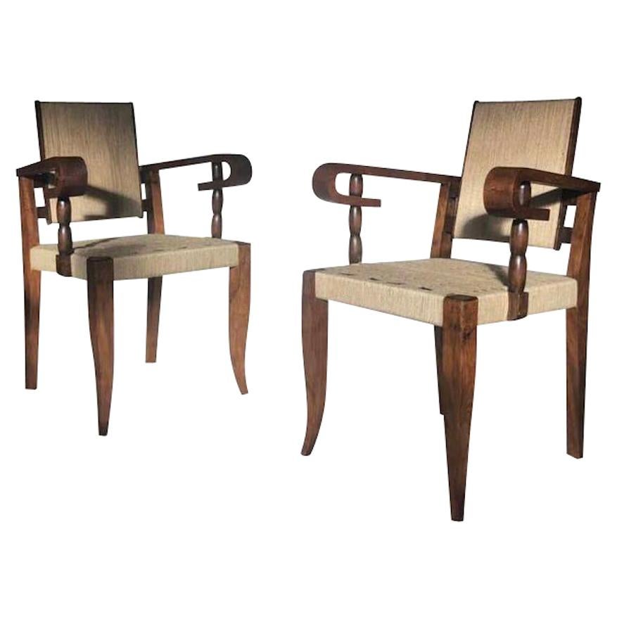 Rush Seat and Back Pair of Victor Coutray Chairs, France, 1950s