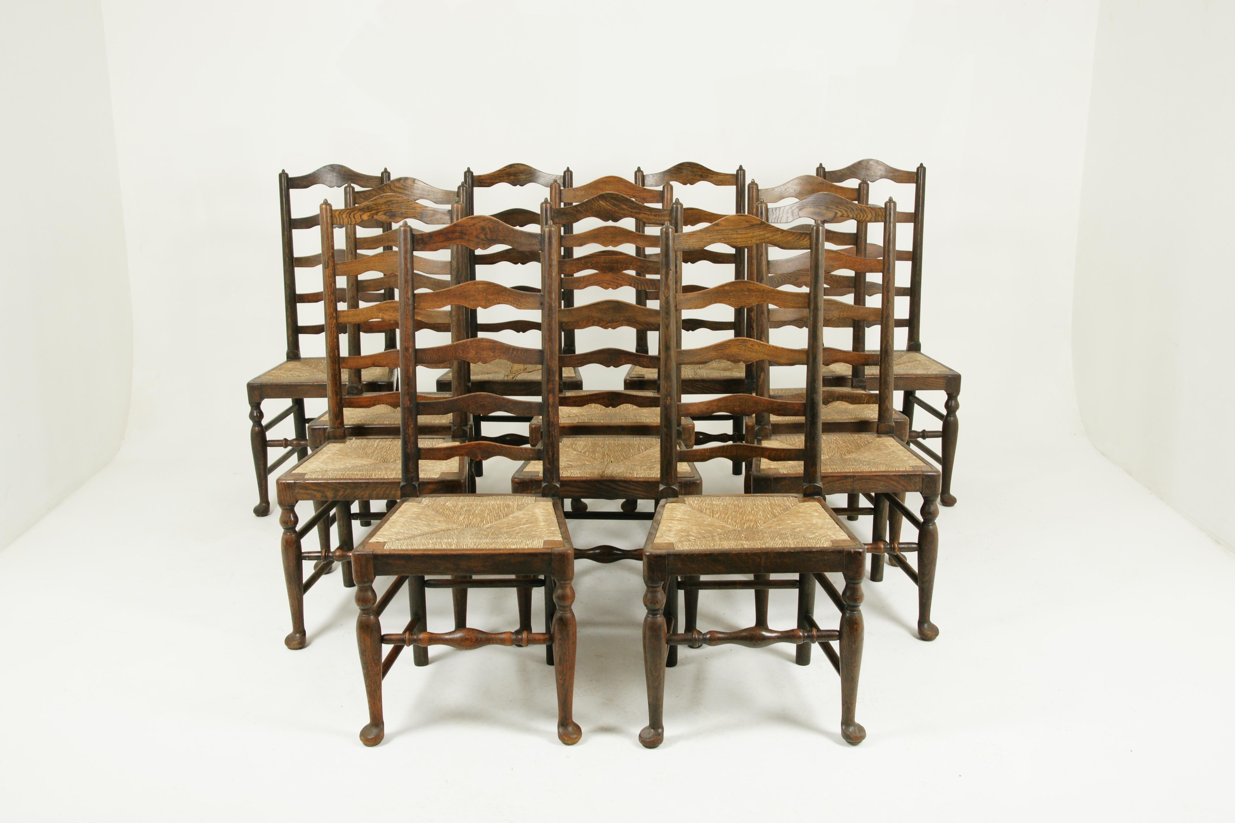 Scottish Rush Seat Chairs, Set of 14 Chairs, 12+2 Chairs, 14 Dining Chairs, 1920