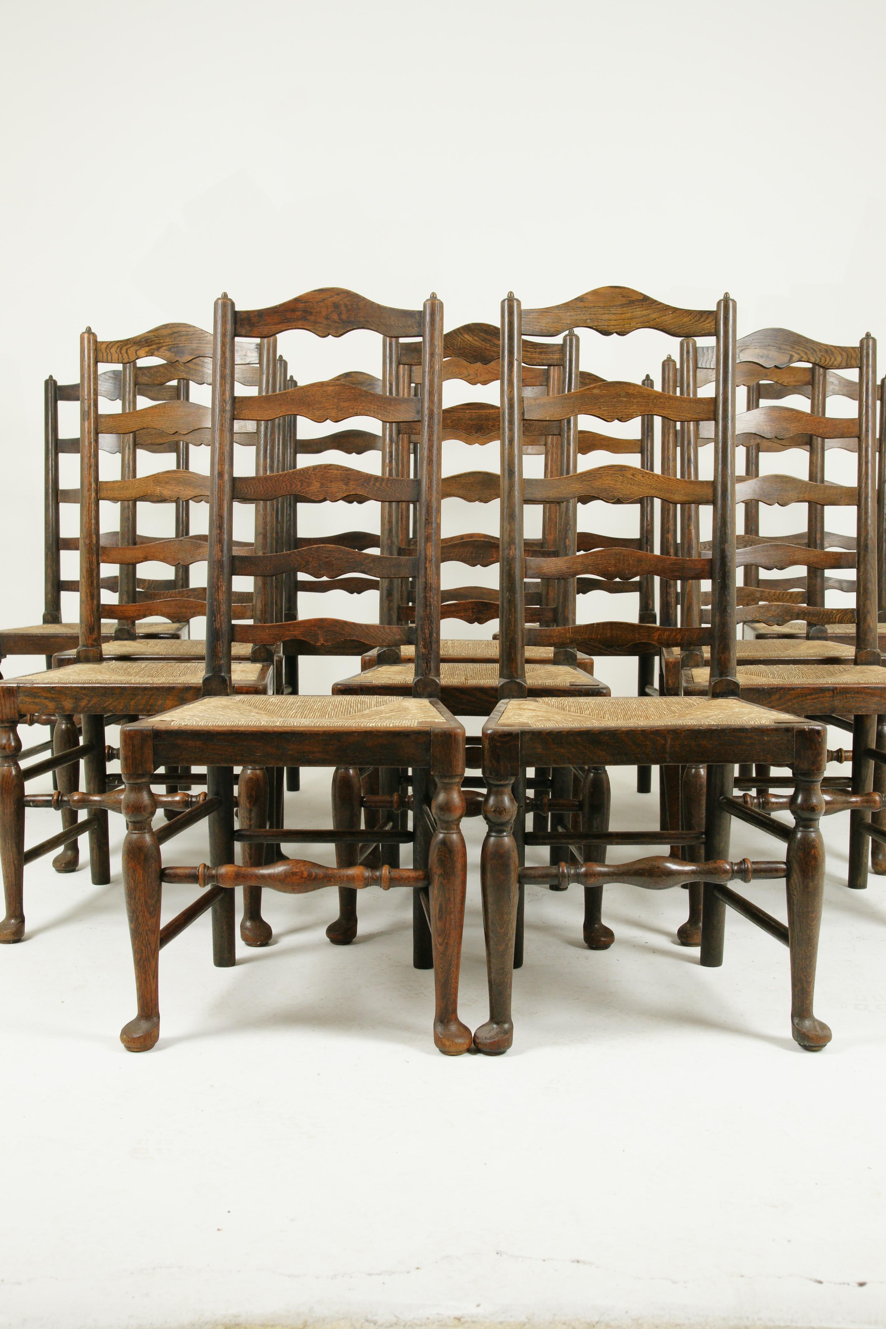 Early 20th Century Rush Seat Chairs, Set of 14 Chairs, 12+2 Chairs, 14 Dining Chairs, 1920