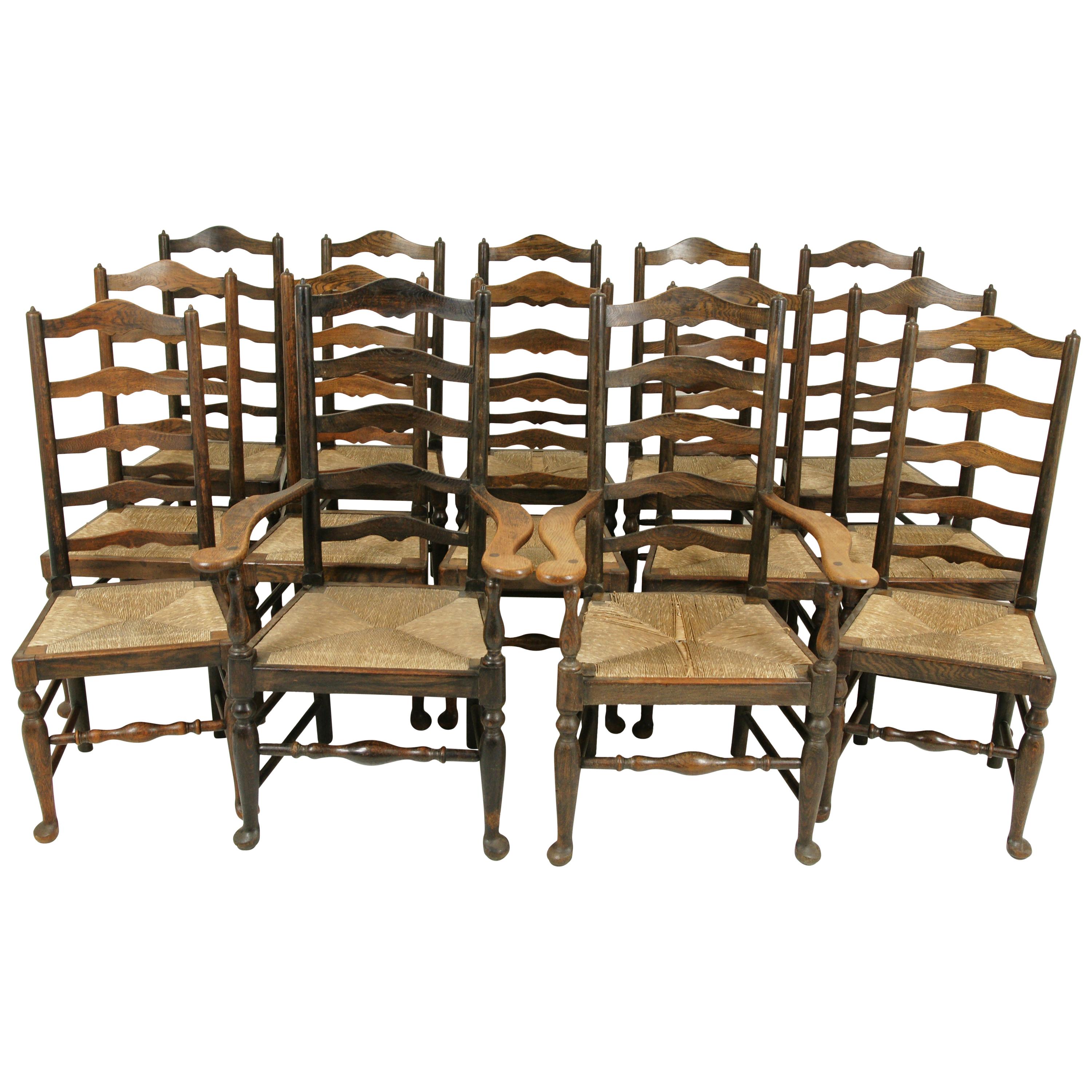 Rush Seat Chairs, Set of 14 Chairs, 12+2 Chairs, 14 Dining Chairs, 1920