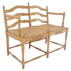 Rush Seat Ladder Back Carved Maple Country Style Loveseat Sofa Bench MINT !