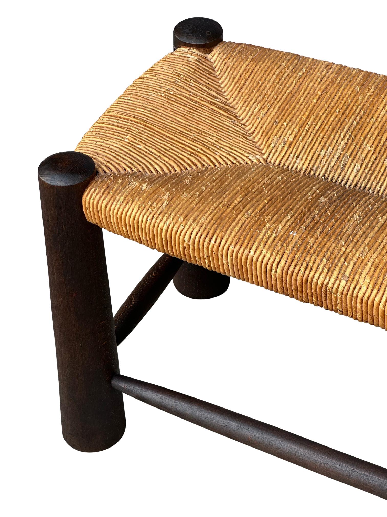 French Rush Seat Oak Bench By Charles Dudouyt, France, 1960s