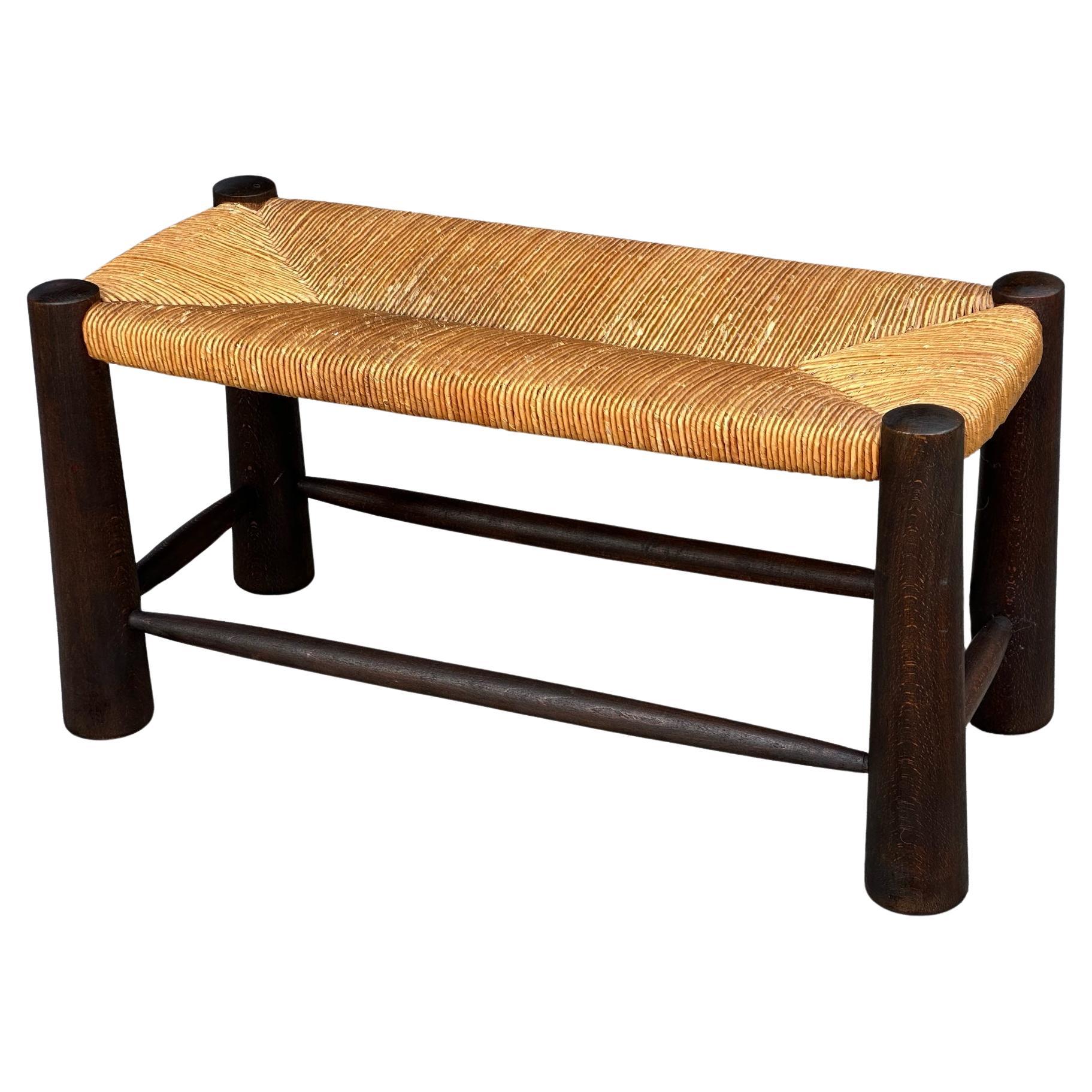 Rush Seat Oak Bench By Charles Dudouyt, France, 1960s