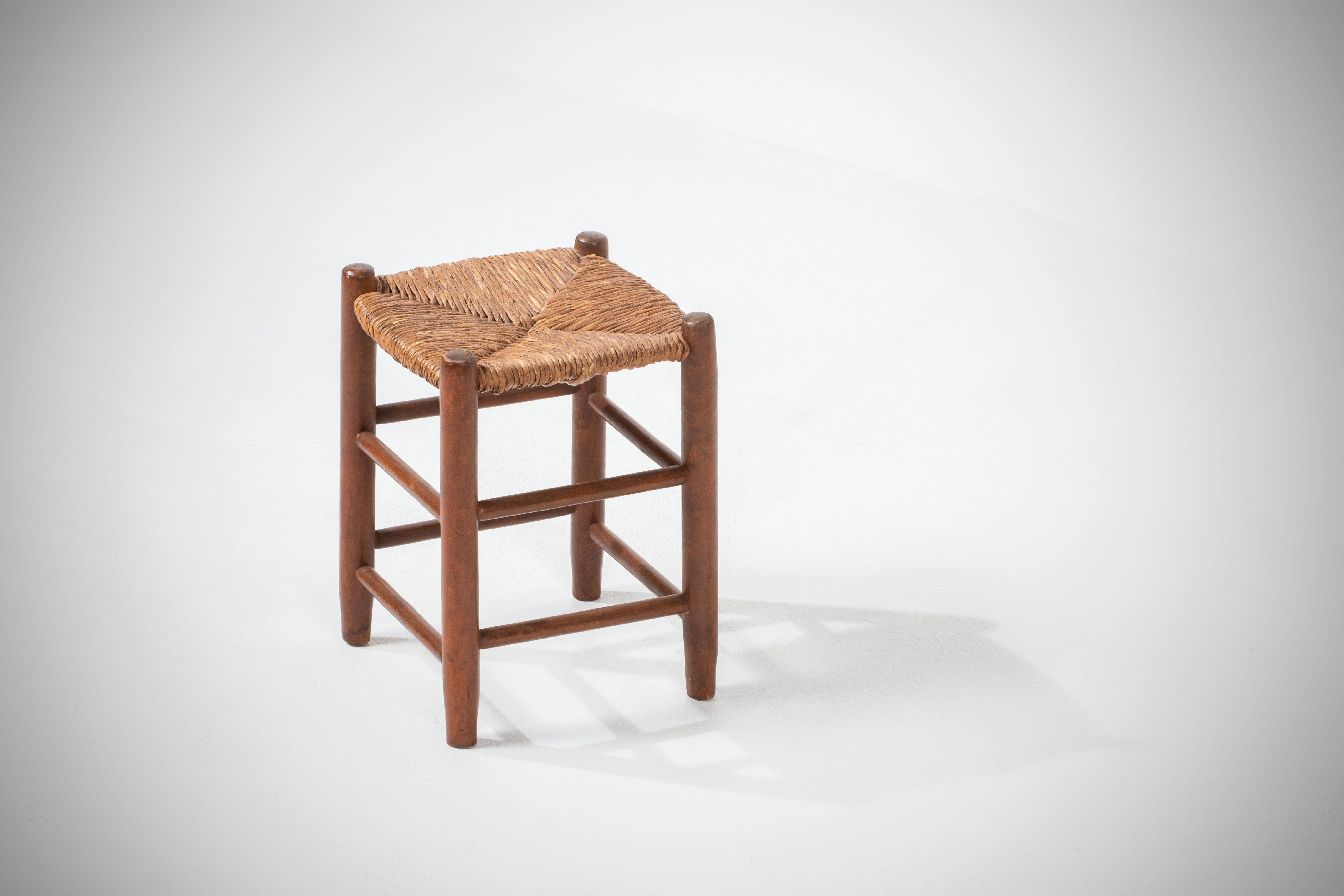 Oak Rush Stools, in Style of Charlotte Perriand For Sale