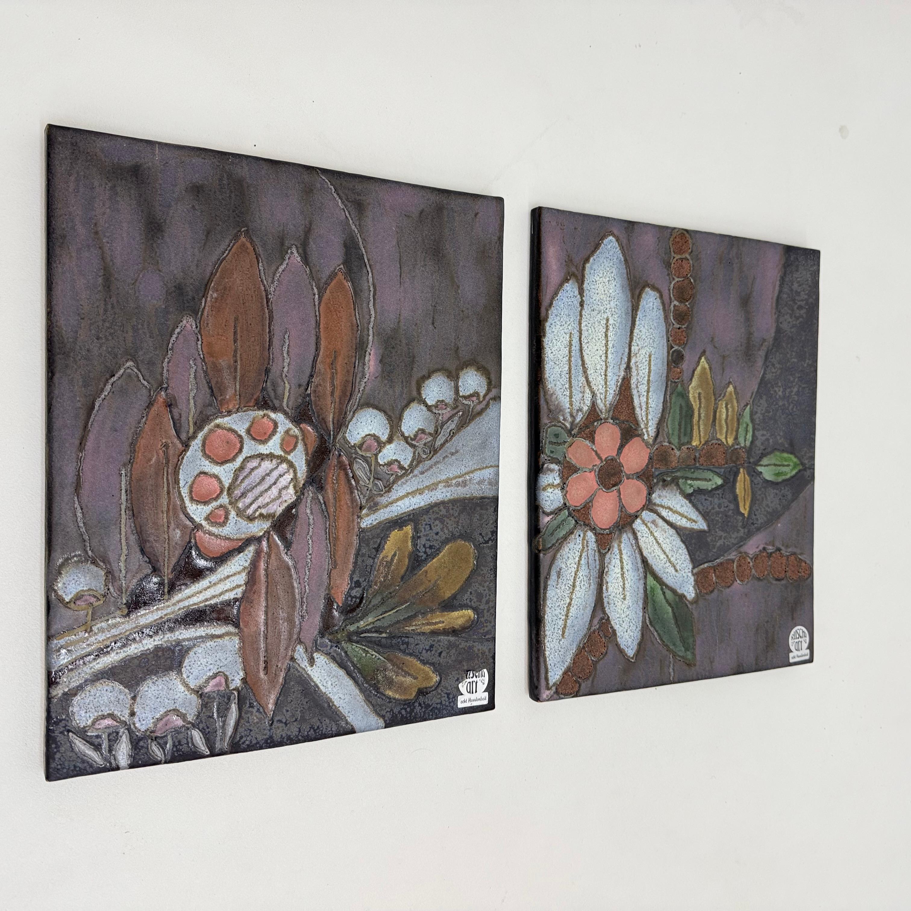 German Rusha Handarbeit ceramic floral wall plaques , 1970s For Sale