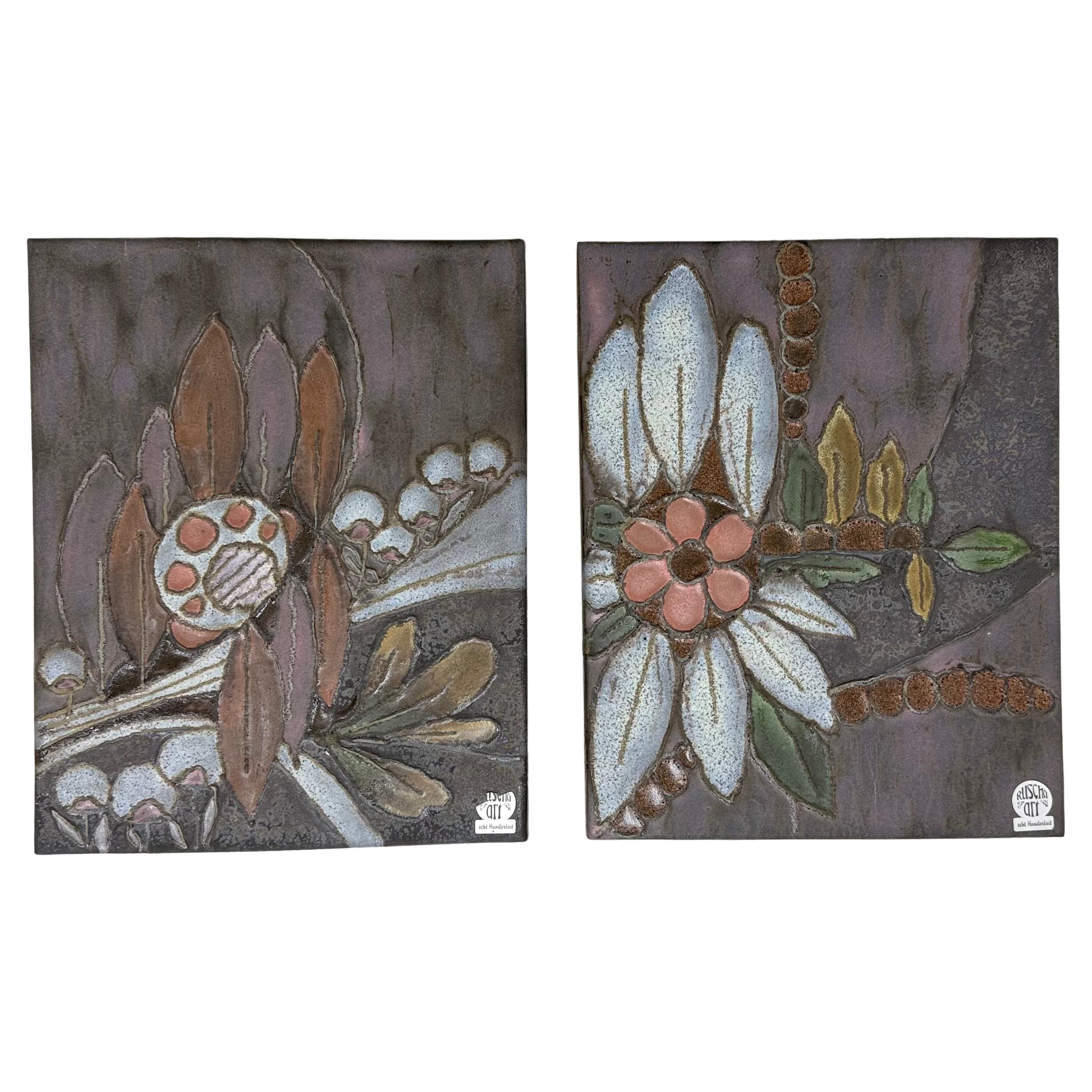 Rusha Handarbeit ceramic floral wall plaques , 1970s