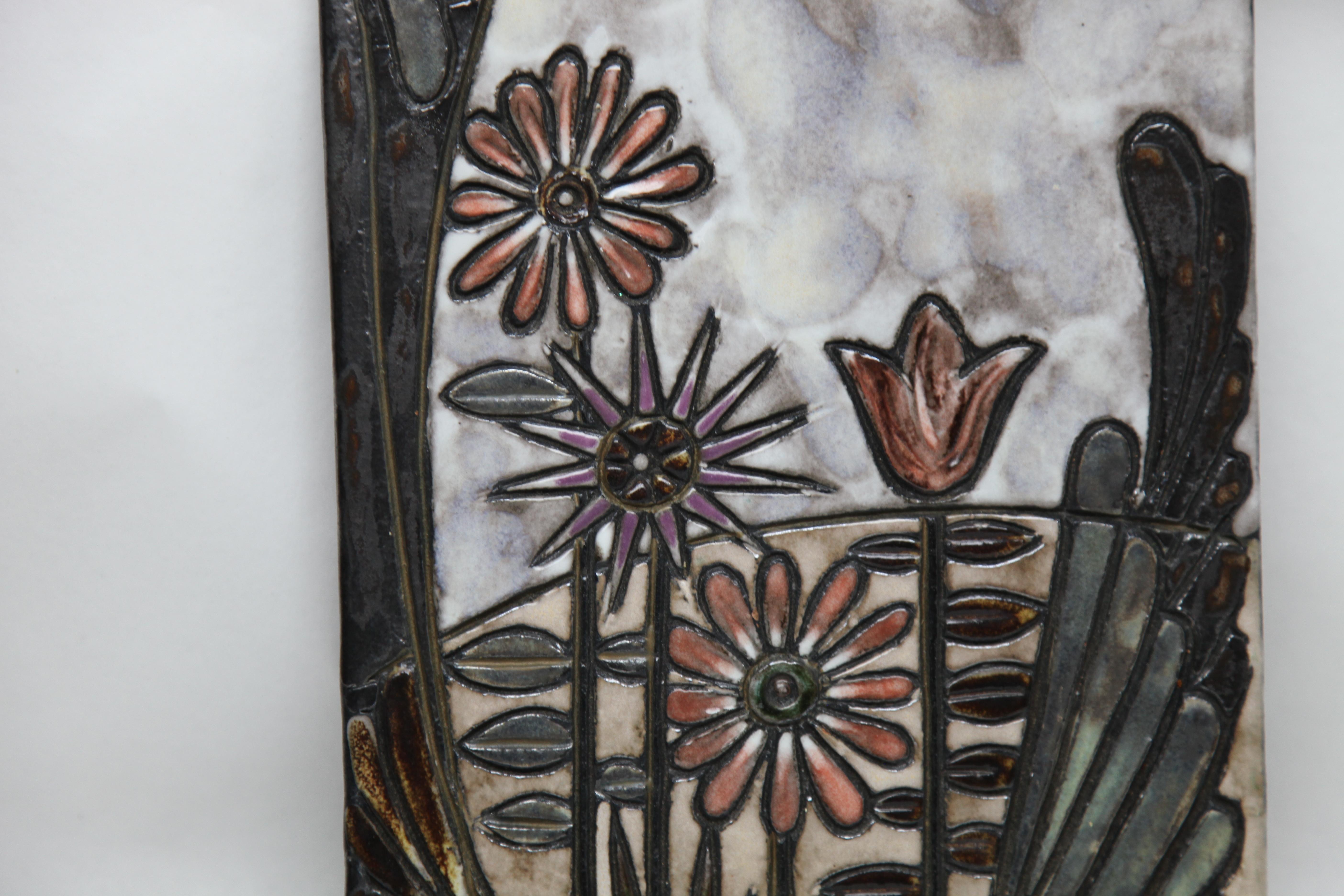 Mid-20th Century Rusha Wall Plaque, Glazed Ceramic, 'Image Flowers' West Germany For Sale