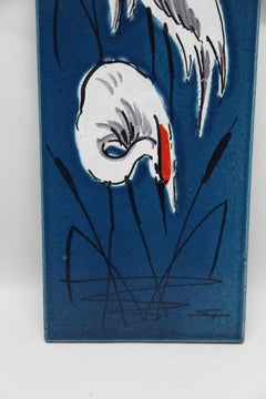 Rusha Wall Plaque, Glazed Ceramic, 'Image of Cranes' West Germany