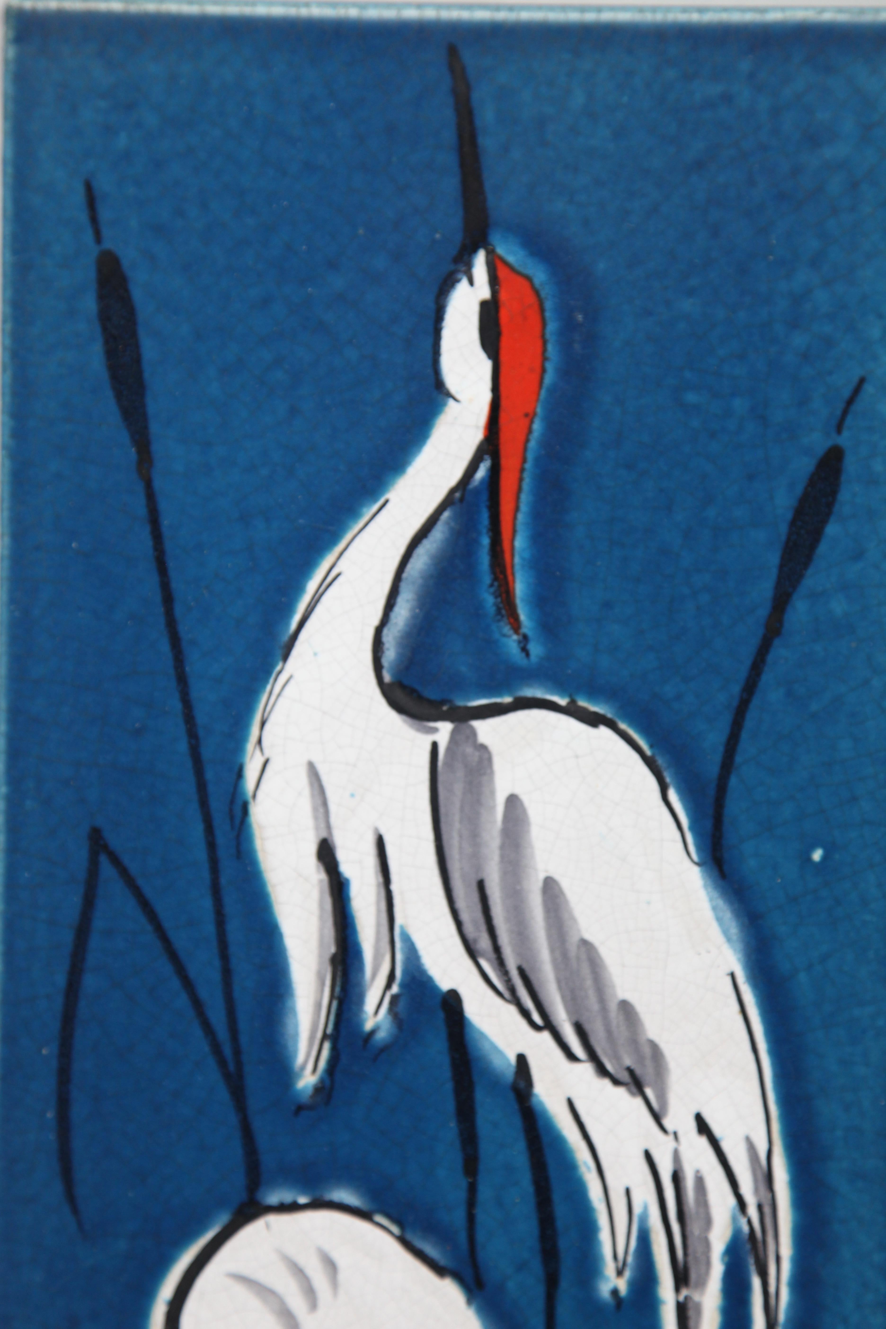 Mid-20th Century Rusha Wall Plaque, Glazed Ceramic, 'Image of Cranes' West Germany For Sale