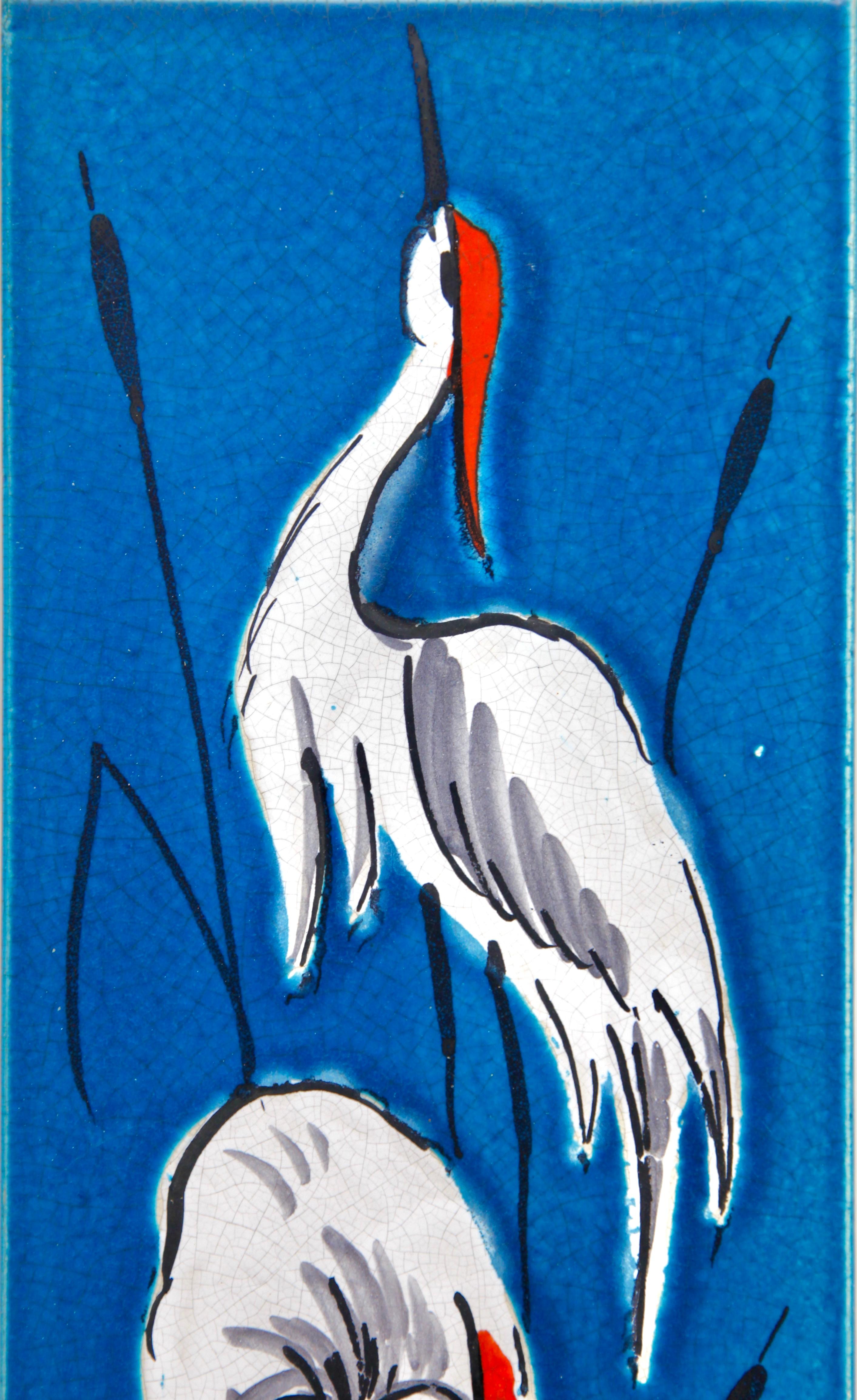 Rusha Wall Plaque, Glazed Ceramic, 'Image of Cranes' West Germany For Sale 1