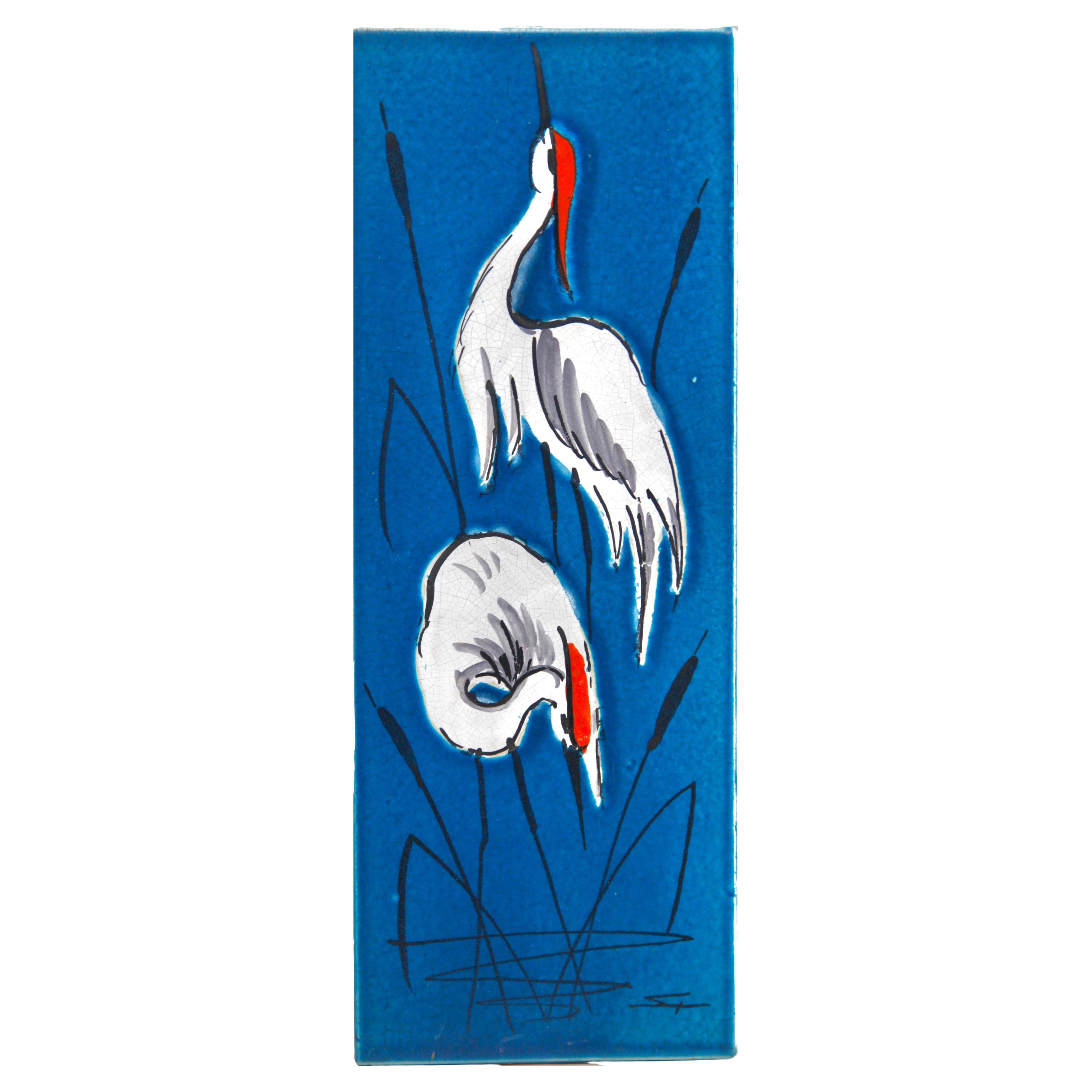 Rusha Wall Plaque, Glazed Ceramic, 'Image of Cranes' West Germany For Sale