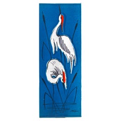 Vintage Rusha Wall Plaque, Glazed Ceramic, 'Image of Cranes' West Germany