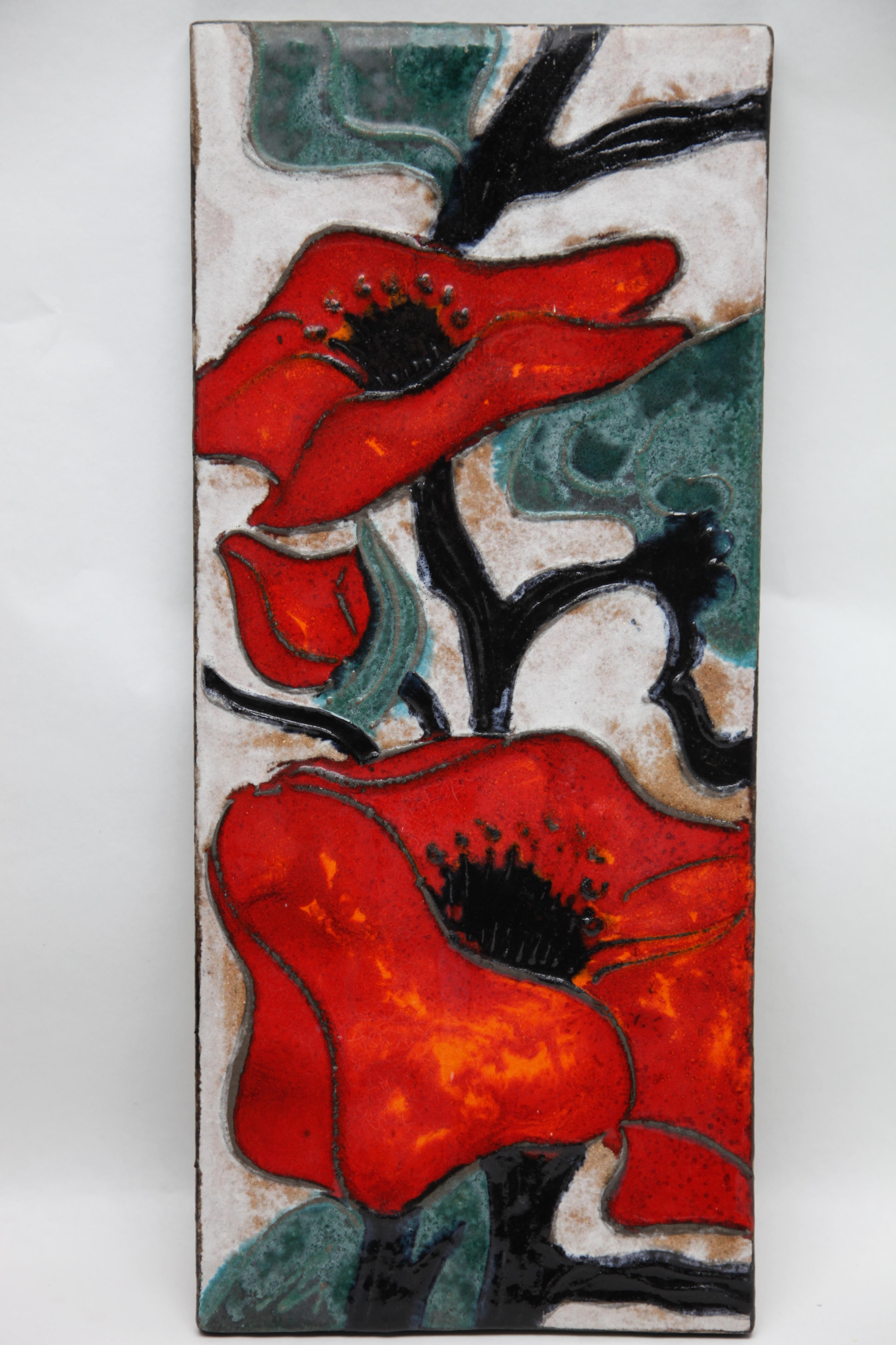 Rusha Wall Plaque, Glazed Ceramic, (Image tree poppy 'kapok') West Germany  In Good Condition For Sale In Verviers, BE