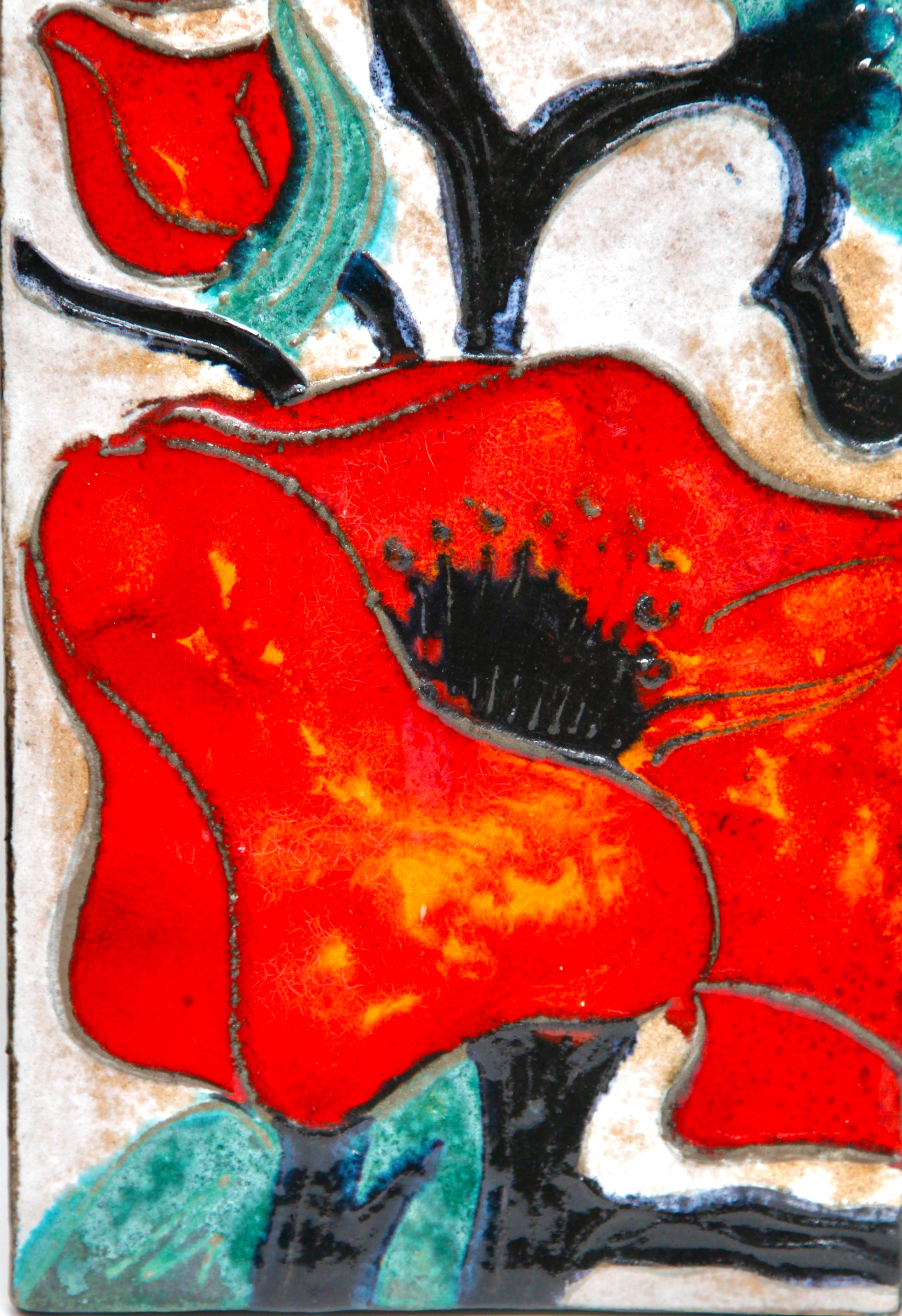Vernissé Plaque murale Rusha, céramique émaillée, (image : coquelicot d'arbre «kapok ») Allemagne de l'Ouest  en vente