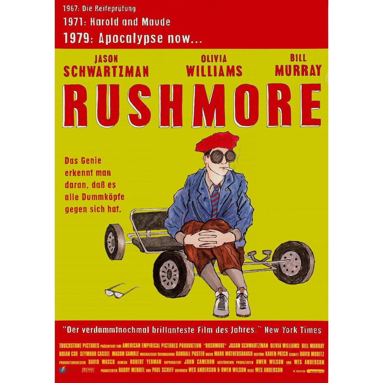 Original 1998 German A1 poster for the film Rushmore directed by Wes Anderson with Jason Schwartzman / Bill Murray / Olivia Williams / Seymour Cassel. Very Good-Fine condition, rolled. Please note: the size is stated in inches and the actual size