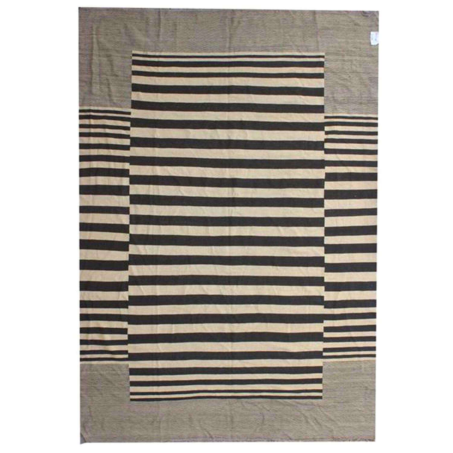 Rusk Black and White Modern Striped Wool Flat-Weave Kilim Rug For Sale