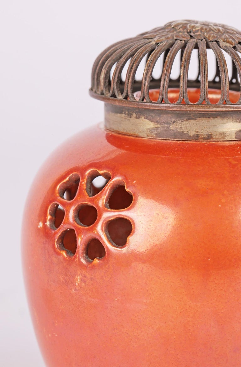 Ruskin Art Deco Orange Lustre Glazed Pierced PotPourri Lidded Vase For