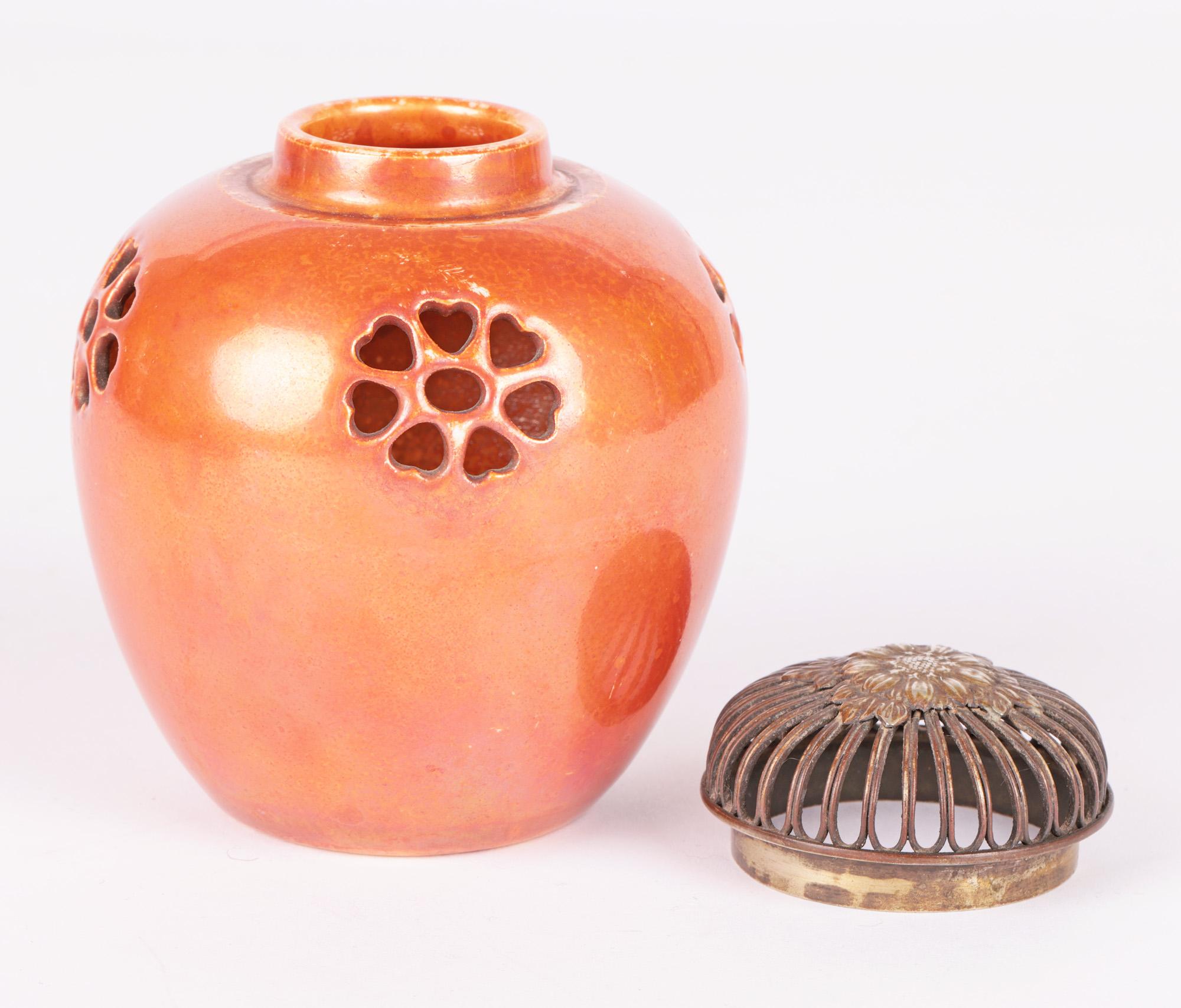 Ruskin Art Deco Orange Lustre Glazed Pierced Pot-Pourri Lidded Vase In Good Condition For Sale In Bishop's Stortford, Hertfordshire