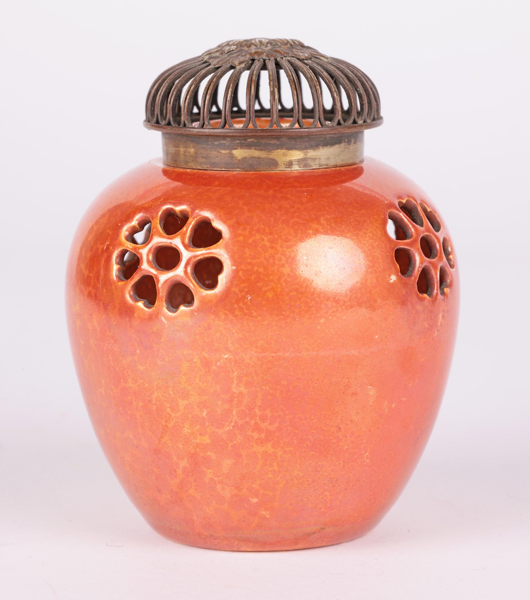 Early 20th Century Ruskin Art Deco Orange Lustre Glazed Pierced Pot-Pourri Lidded Vase For Sale