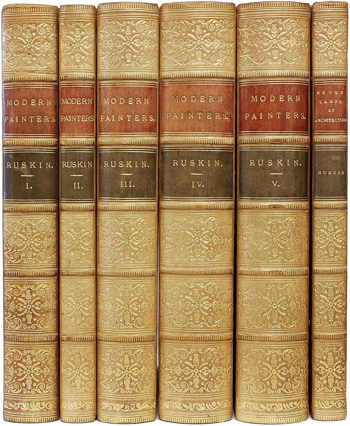 AUTEUR : RUSKIN, John. 

TITRE : Peintres modernes et les sept lampes de l'architecture.

ÉDITEUR : Londres : Smith, Elder, & Co, 1855 - 1857.

DESCRIPTION : SIXIÈME ET DEUXIÈME ÉDITIONS. 6 volumes, 10-1/4