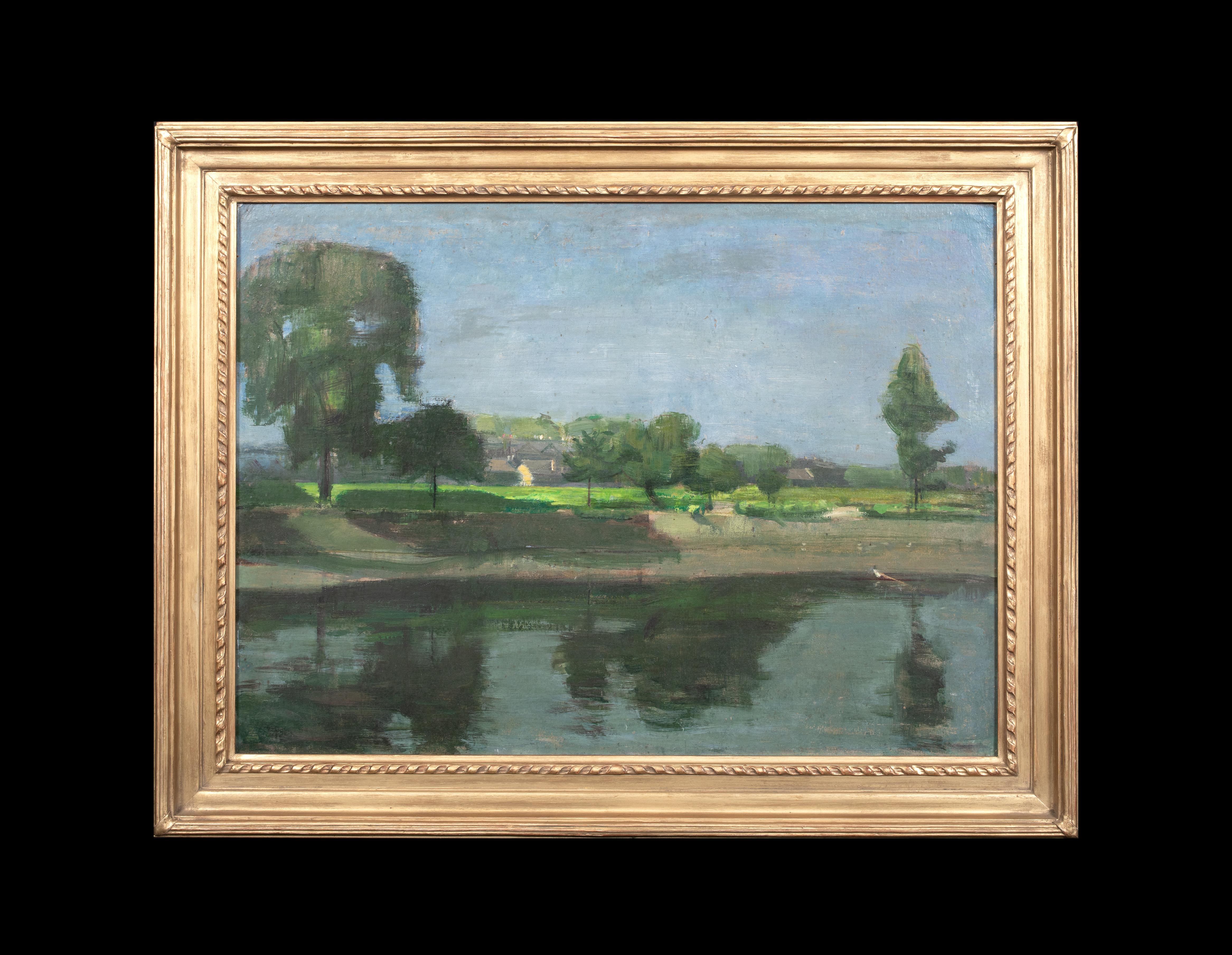 Morning On The River Thames, Barnes, circa 1935 - Painting by Ruskin Spear